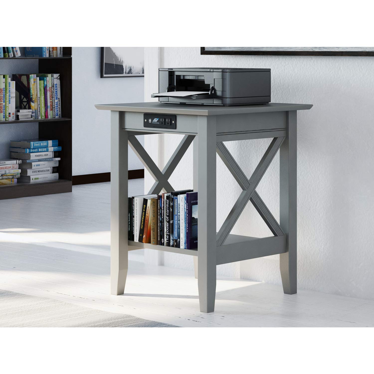 AFI Lexi Printer Stand with Charging Station - Adjustable Height Grey Home Office Desk Organizer for Printer, Laptop & Phone Charging | Perfect for Small Spaces & Workspaces