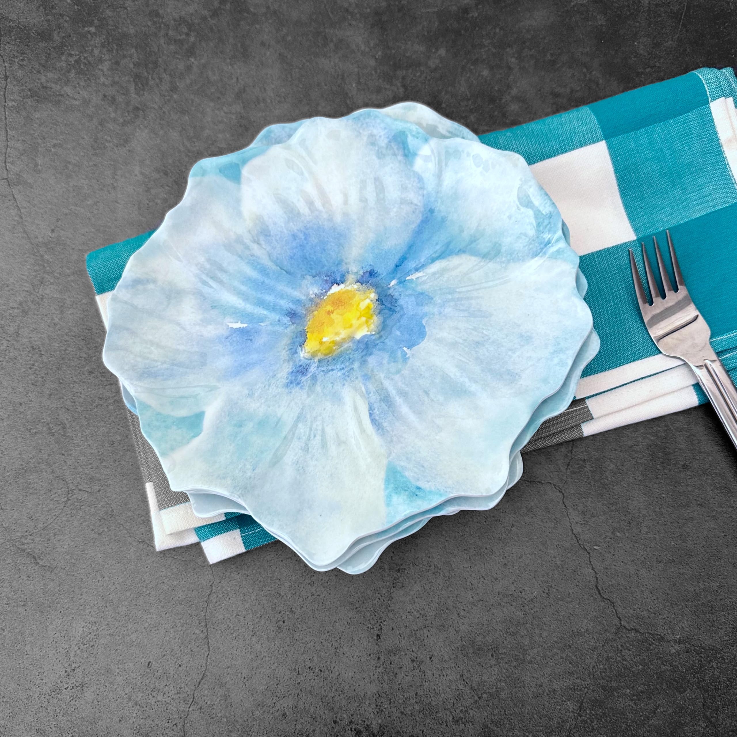 UPware Sky Blue Floral Melamine Dessert Plates - Floral-Shaped Small Serving Plates for Appetizers, Snacks, Side Dishes - 7.5 x 7 Inch Set of 4 - Perfect for Parties, Picnics, and Tea Time