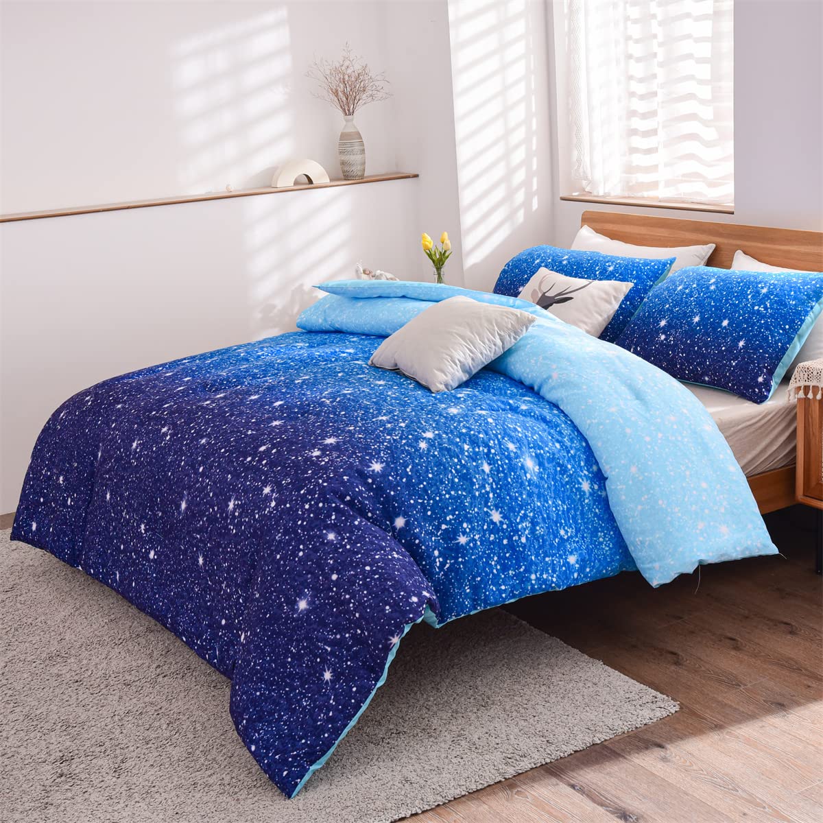 **Holawakaka Kids Space Galaxy Bedding Set - Twin/Twin XL Size, Blue Indigo Ombre Glitter Stars Comforter for Boys & Girls - Perfect for Themed Bedrooms & Sleepovers**