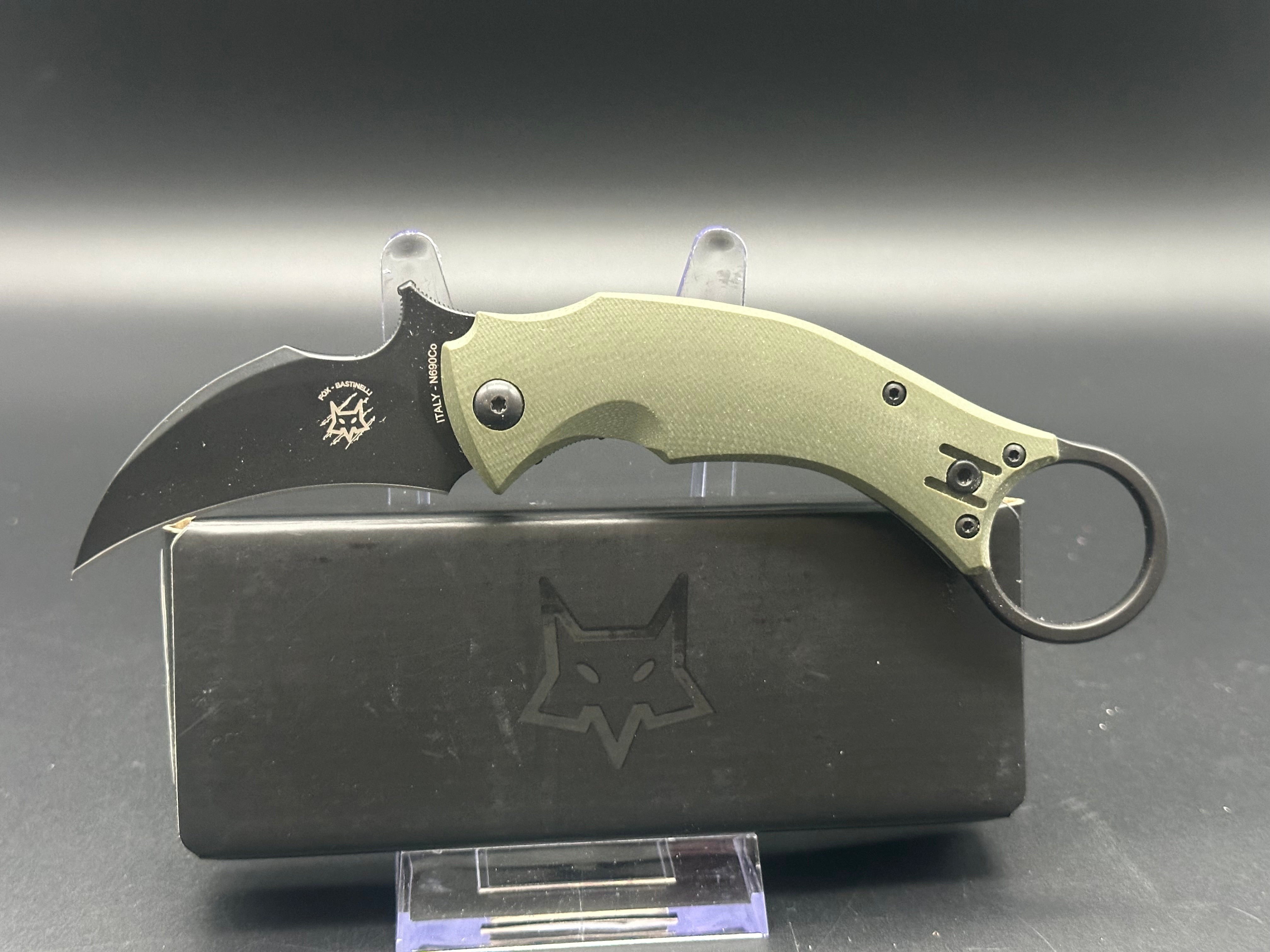 Fox Knives Bastinelli Black Bird Karambit Tactical Folding Knife - OD Green G10 Handle, 2.5
