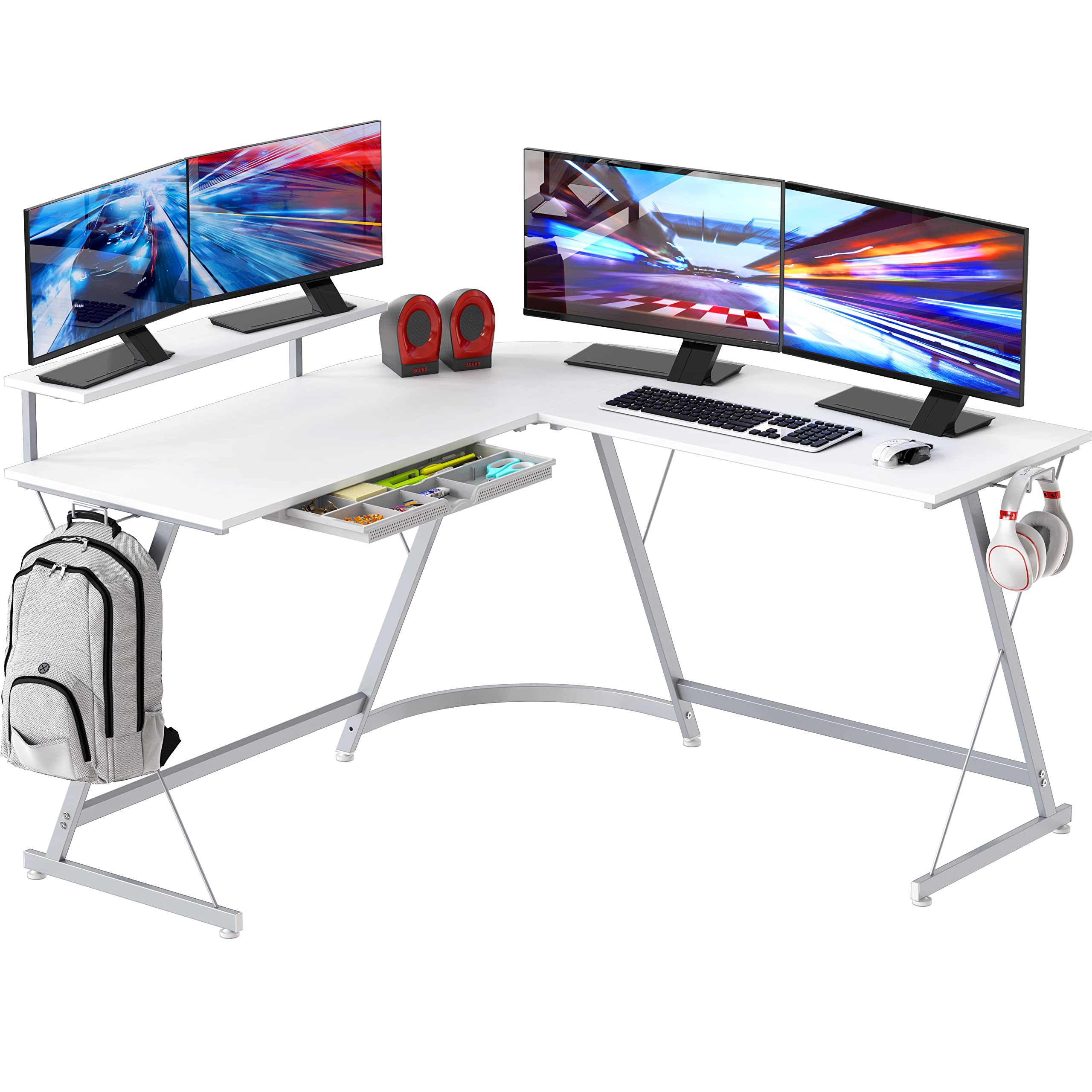 SHW Vista L-Shape Computer Desk with Monitor Stand - White Home Office Desk for Gaming & Workstation Setup | Perfect for Small Spaces & Corner Work Areas