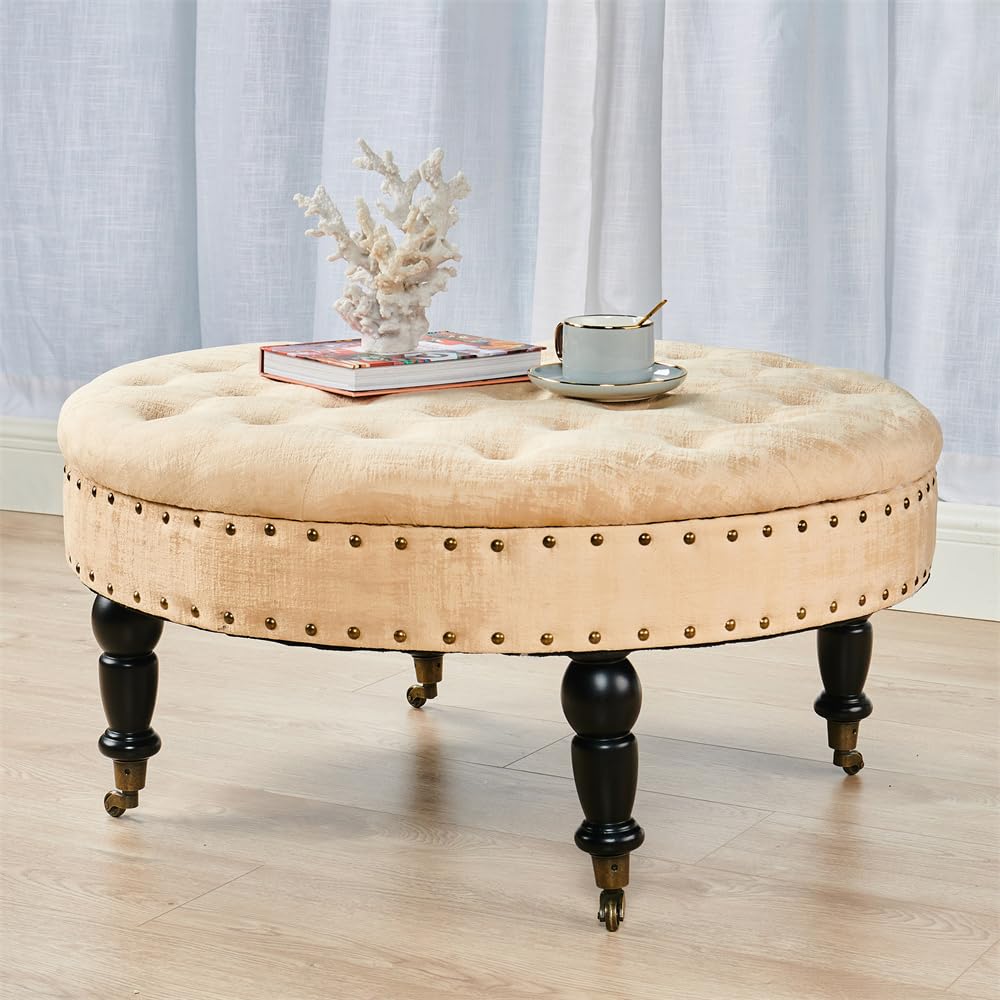 Round Velvet Tufted Ottoman Coffee Table - 34