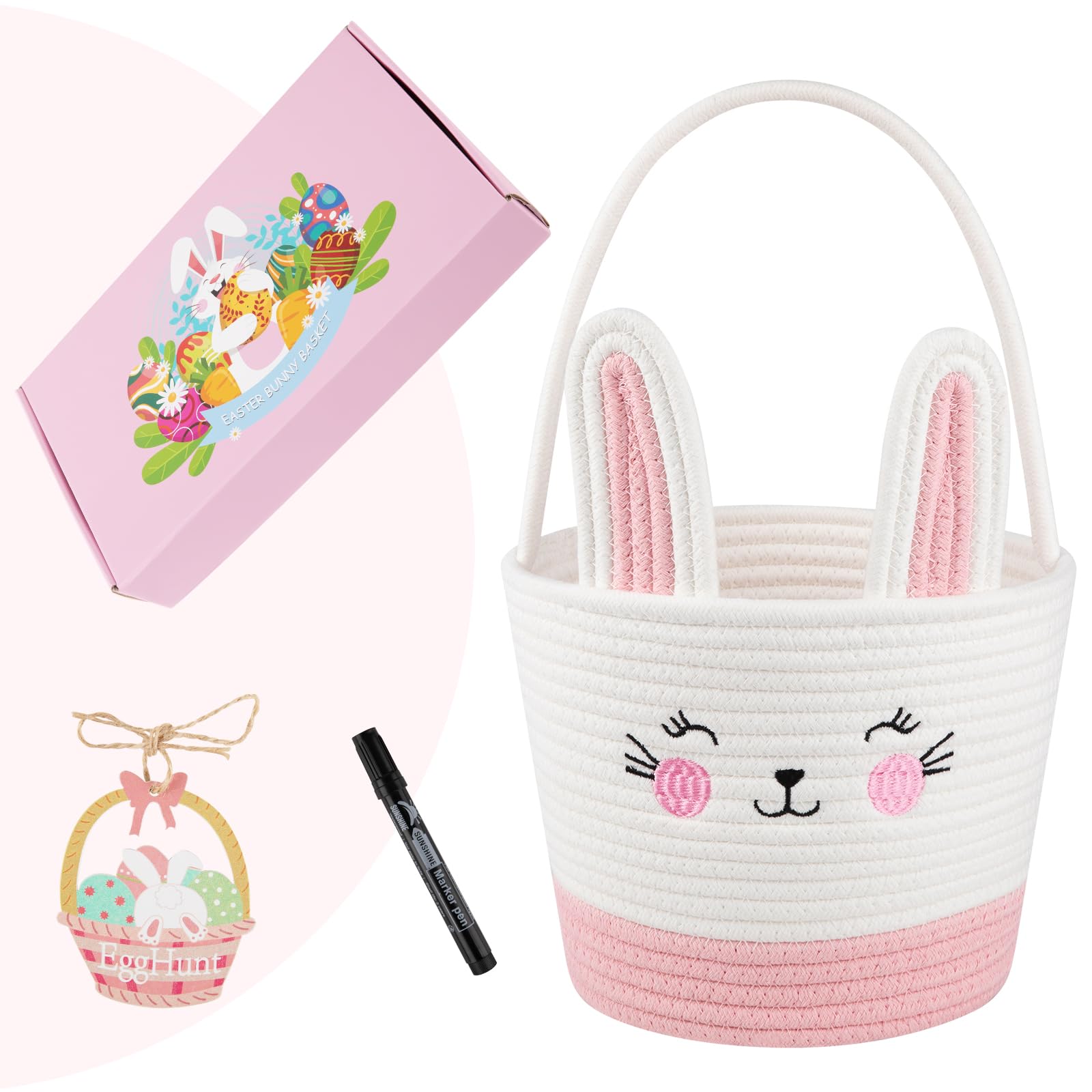 Personalized Easter Basket for Toddlers - Woven Baby Easter Gift Basket with Handle - Empty Bunny Egg Basket for Girls, Boys & Kids - Pink & White - Perfect for Easter Egg Hunts, Party Favors & Spring Decorations