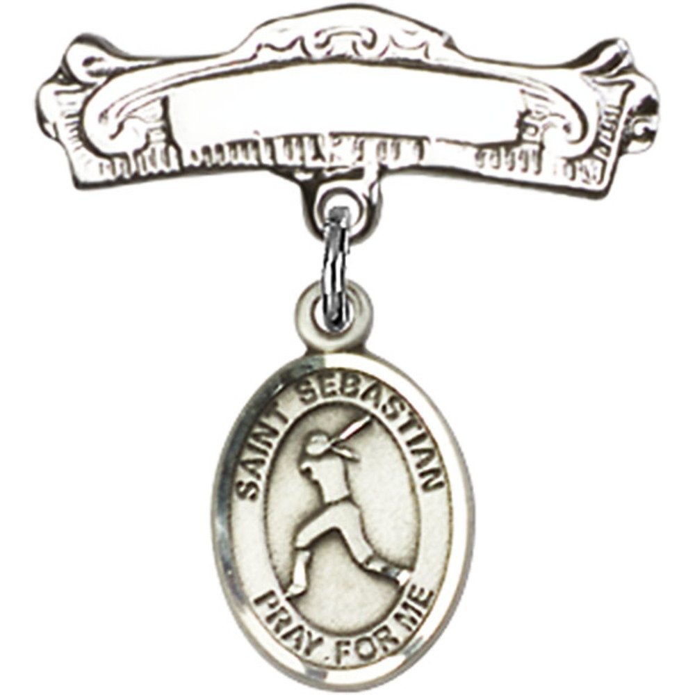 St. Sebastian Sterling Silver Baby Badge with Softball Charm - 7/8 X 7/8 Inch Arched Polished Pin - Perfect for Christening Gifts, First Communion & Baby Blessings