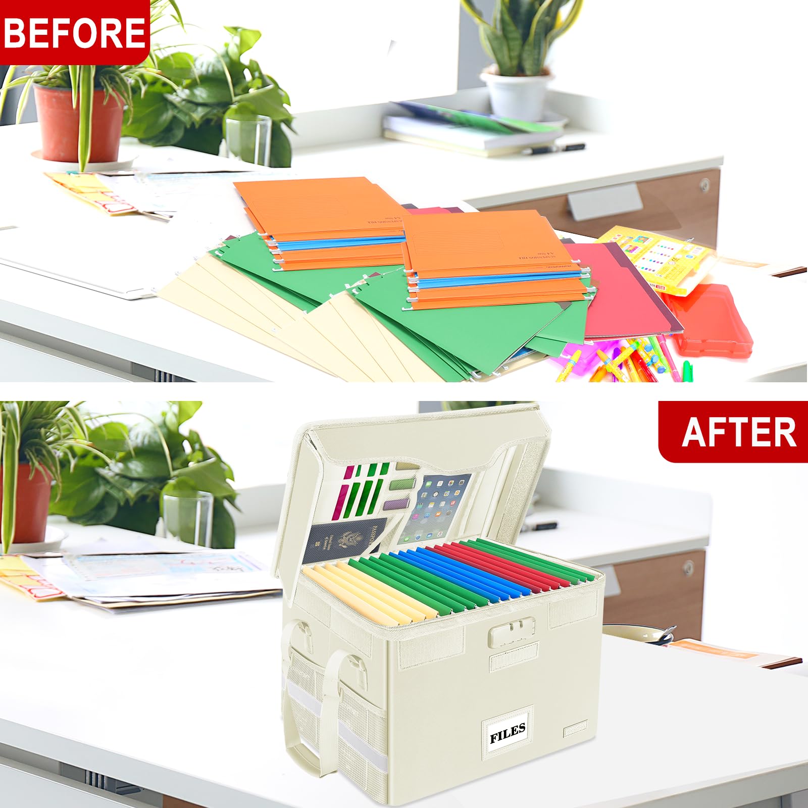 Fireproof Document Box with Lock - Waterproof & Collapsible File Storage Organizer for Home & Office | Portable File Cabinet with Handle & Pockets for Letter/Legal Folders | Secure Storage for Important Documents, Certificates & Cash | Beige Home Office Organizer