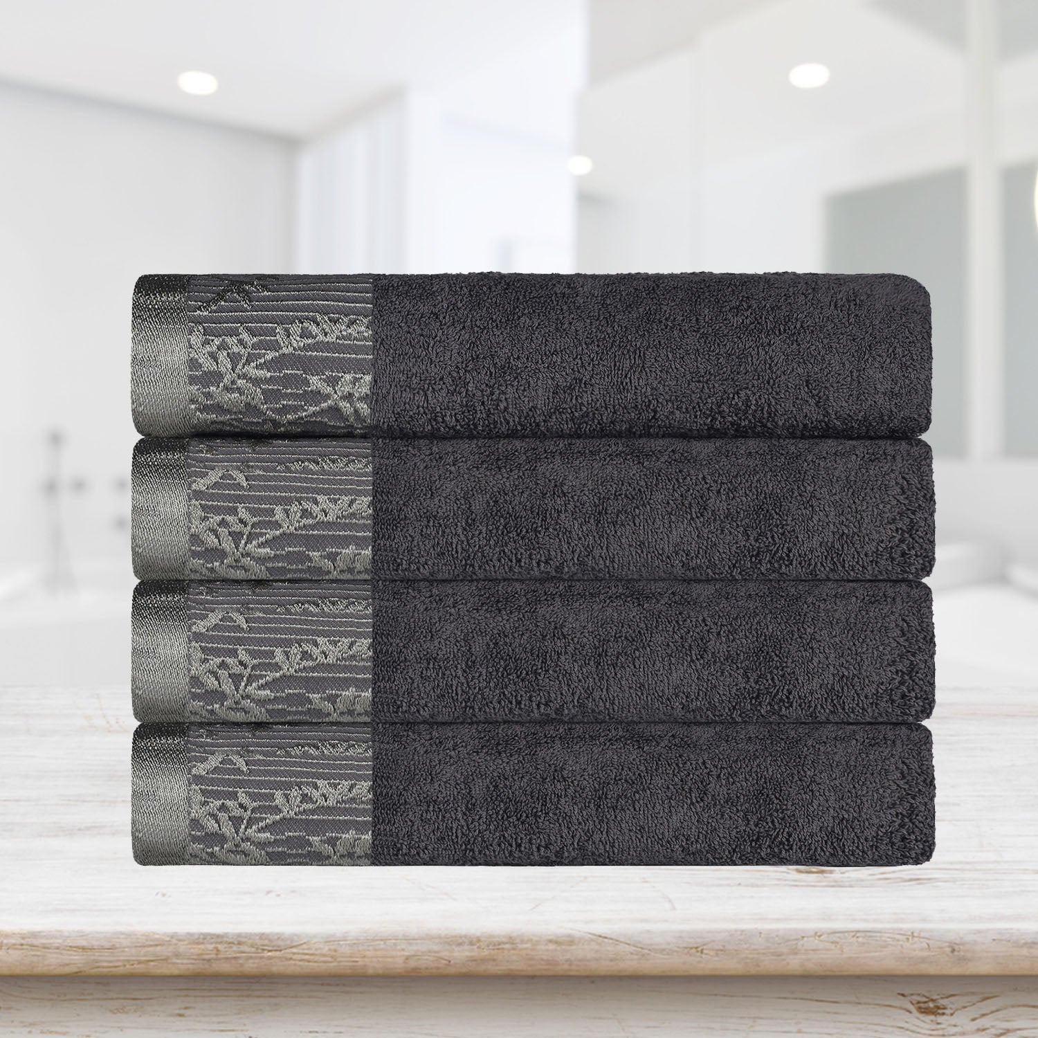 Premium Wisteria Cotton Floral Embroidered Jacquard Border Bath Towel Set of 4 - Ultra Soft & Absorbent Luxury Towels for Spa, Bathroom & Guest Use