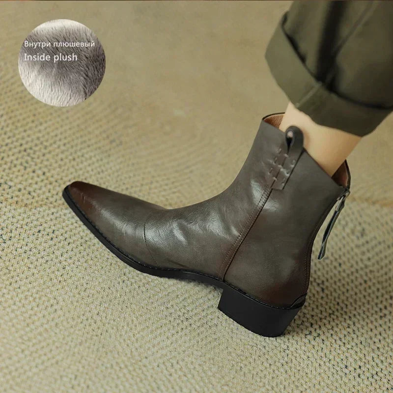 **Genuine Leather Western Boots for Women - Pointed Toe Chunky Heel Chelsea Ankle Boots, Retro Style for Autumn & Winter | Perfect for Cowgirl Fashion, Country Rides & Casual Outfits**
