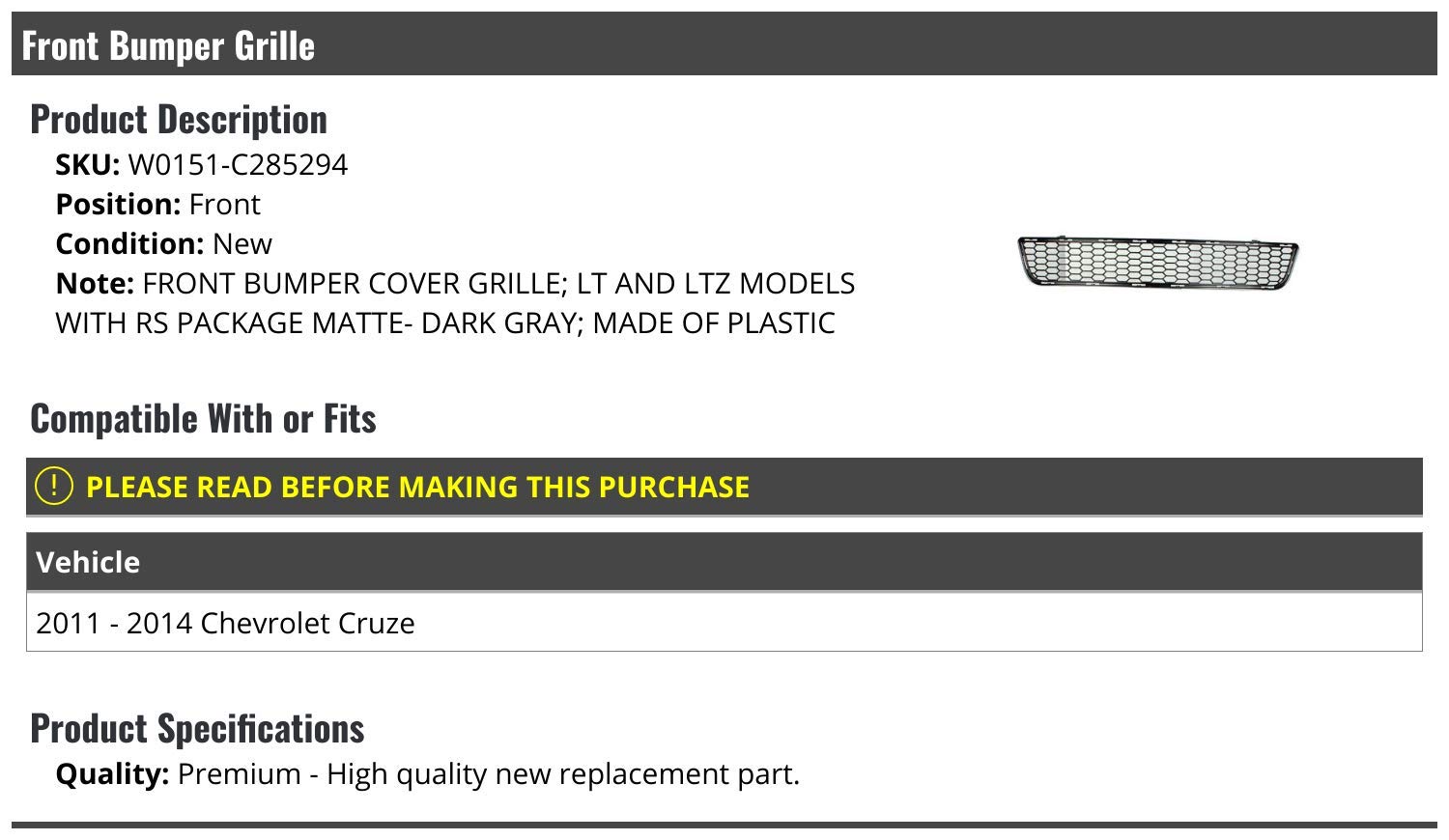 Dark Grey Front Bumper Grille for 2011-2014 Chevy Cruze LT/LTZ/RS - Easy Installation & Perfect Fit
