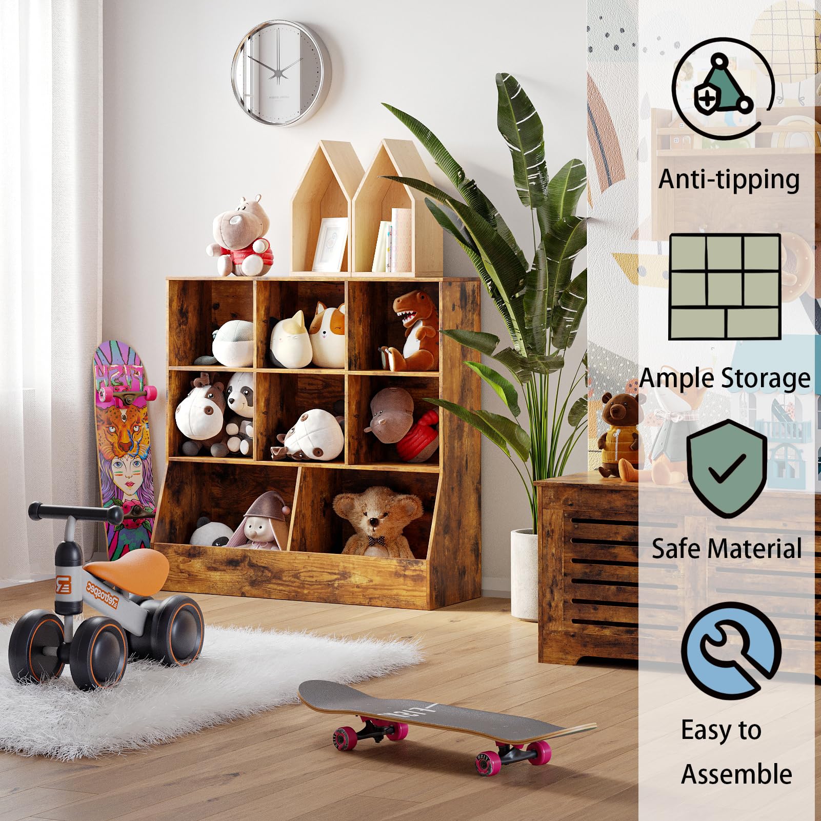 DINZI LVJ Wooden Toy Storage Organizer & Kids Bookshelf - 8-Cubby Children's Bookcase, Rustic Brown Toy Cabinet for Playroom, Bedroom, Nursery (39.4