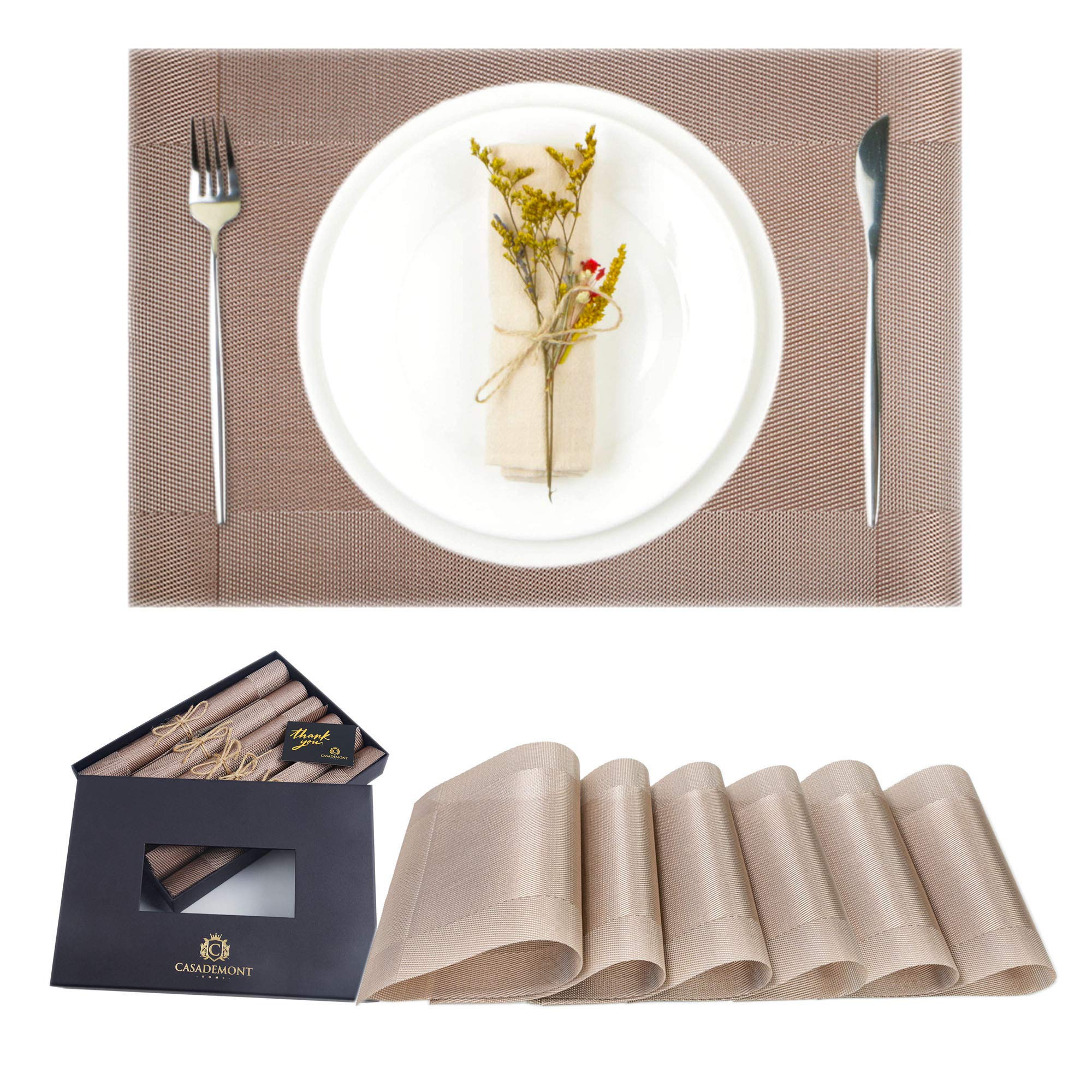 Casademont Set of 6 Metallic Brown Placemats - 18x12 Inch Heat Resistant, Non-Slip Woven Vinyl Table Mats - Waterproof, Washable & Wipeable for Kitchen & Dining Tables | Perfect for Everyday Meals, Dinner Parties & Holiday Gatherings