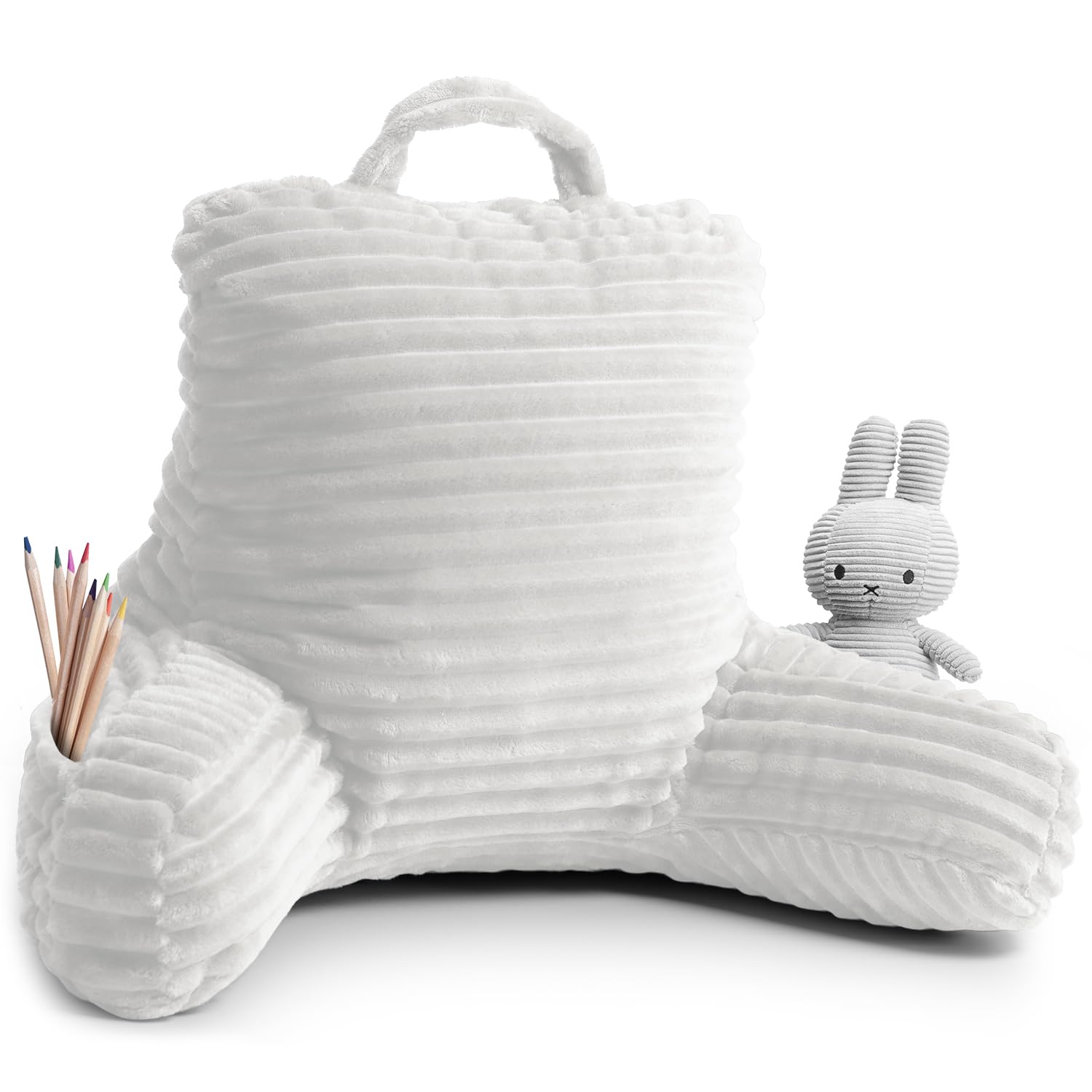 **Clara Clark Kids Reading Pillow – Plush Back Support Pillow for Sitting in Bed, Shredded Foam Bed Chair with Arms & Pockets – Perfect for Reading, Gaming & Relaxing (White)**