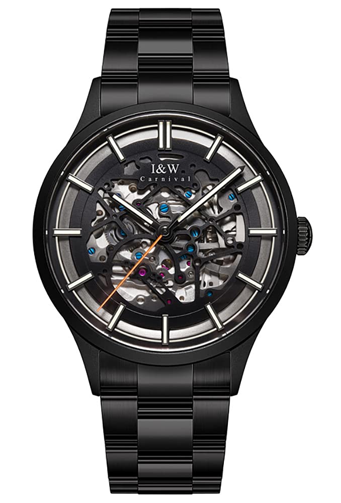 LOREO Men's Automatic Watch - Luminous Skeleton Dial, Black Stainless Steel, Synthetic Sapphire, Waterproof Military Casual Sports Watch for Everyday Wear & Outdoor Activities