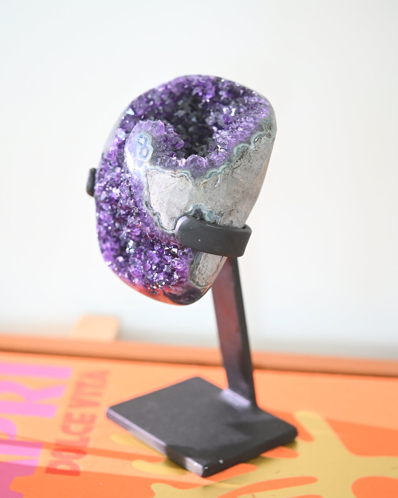 Natural Amethyst Crystal Geode on Wooden Stand - 3.8lbs Healing Stone for Home Decor, Meditation & Spiritual Gifts | Perfect for Living Room, Office & Yoga Space