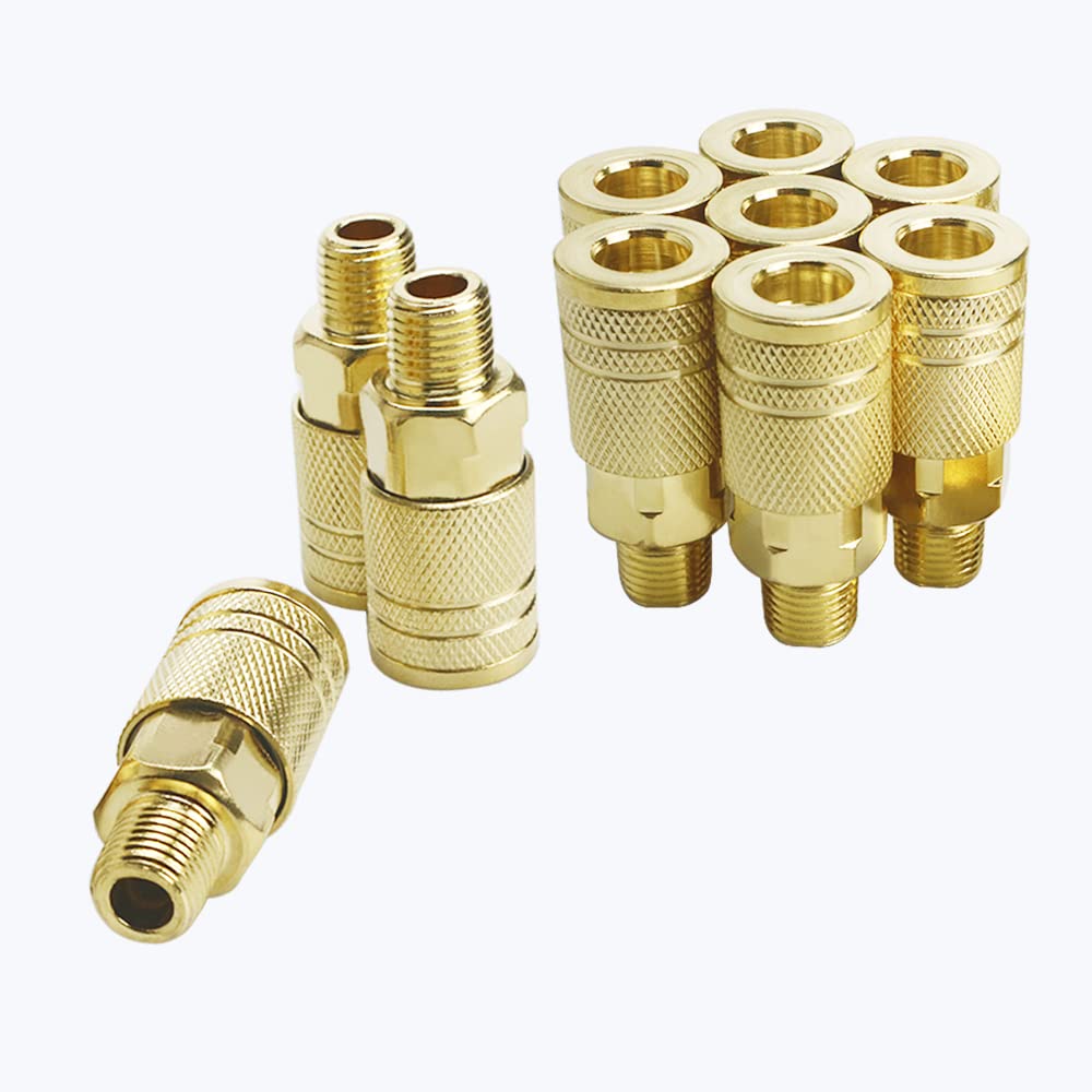 10-Piece Male Air Coupler Fittings 1/4-Inch NPT Thread Quick Connect - Industrial M Style Brass Couplers for Air Tools - Fast & Safe Hose Disconnection - Perfect for Pneumatic Systems, Auto Repair & Workshop Use