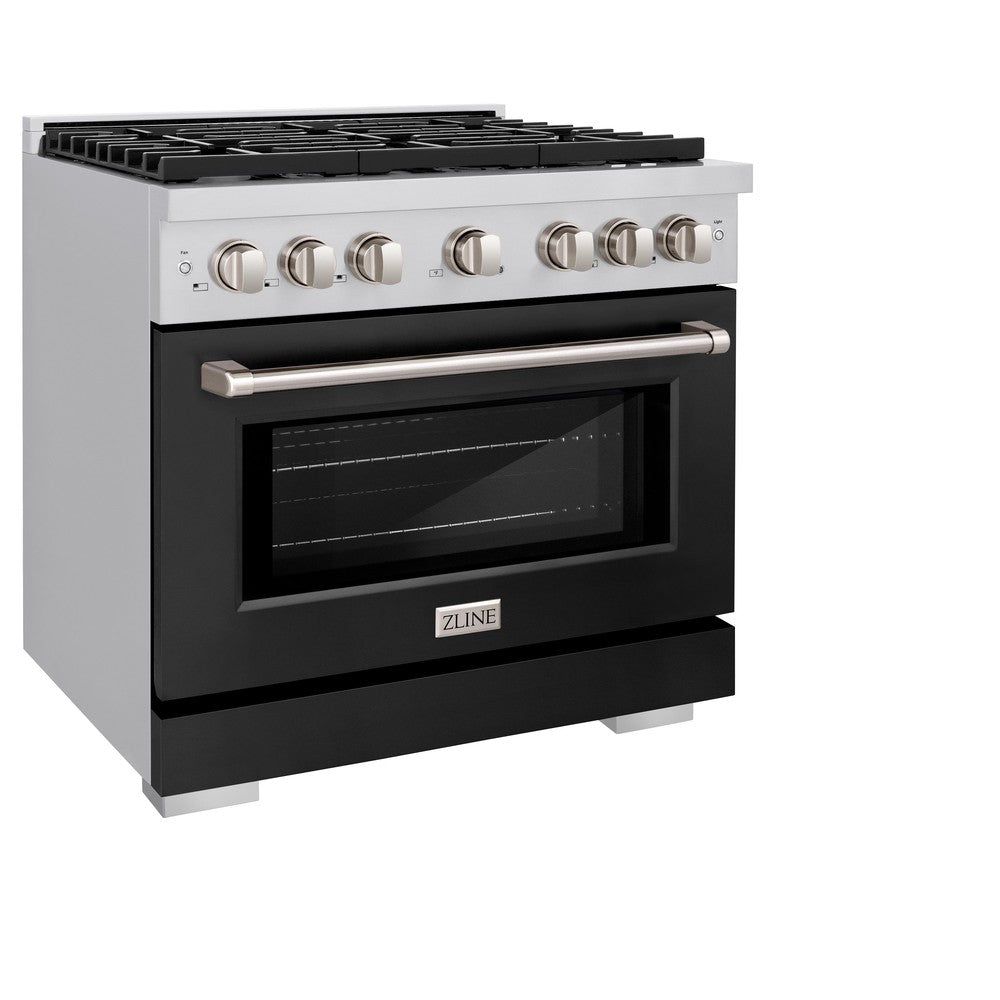 ZLINE 36 Inch 5.2 cu ft Stainless Steel Dual Fuel Range - 6 Burner Gas Cooktop & Electric Convection Oven with Black Matte Door (SDR BLM 36) - Perfect for Professional Home Chefs & Modern Kitchens