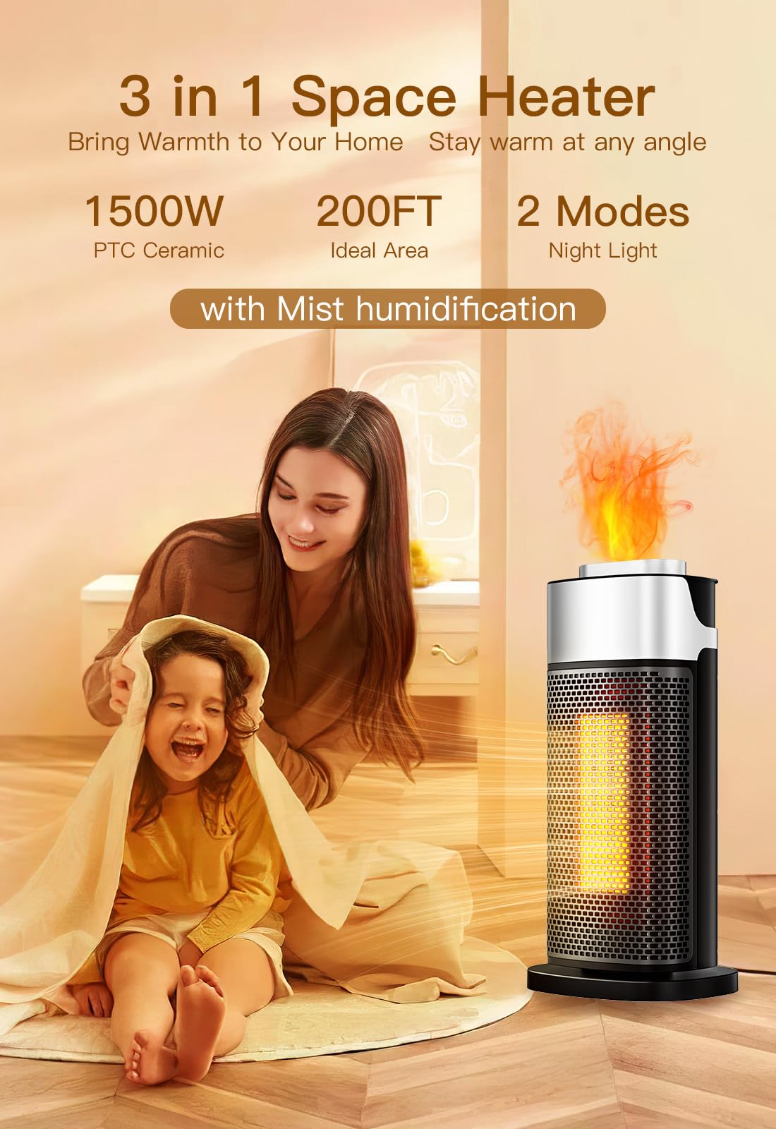 Staholz 3-in-1 Electric Space Heater with Humidifier & 3D Flame Effect - 1500W Portable Indoor Heater with Thermostat, Remote Control & 12H Timer - Perfect for Office, Bedroom & Home Use - Energy Efficient Heating Solution with Soothing Ambient Light