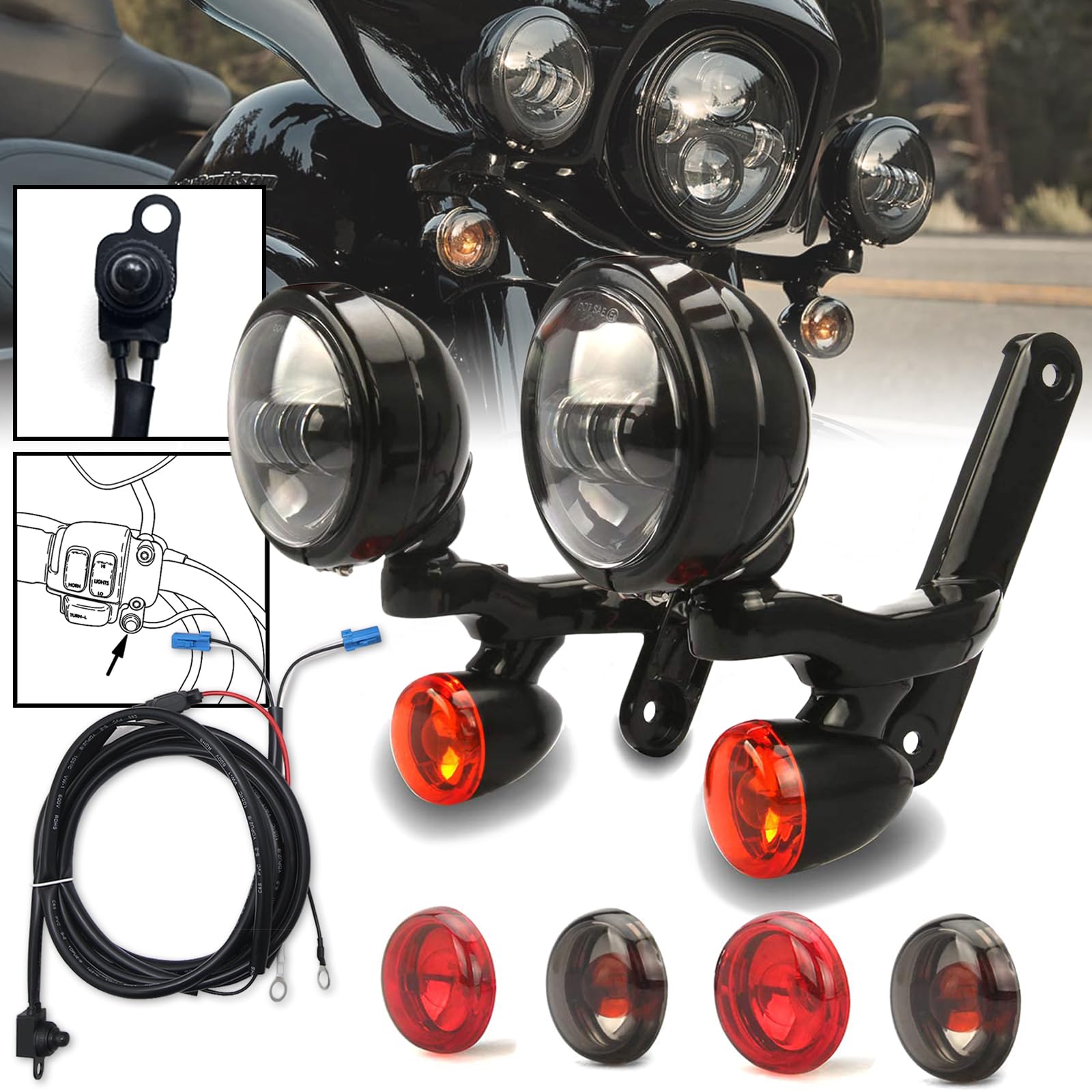 Custom Dynamics Motorcycle Fog Lights & Auxiliary Spotlights for Harley Davidson Touring Models - Gloss Black Brackets for Street Glide FLHX - Enhanced Visibility for Night Riding & Foggy Conditions