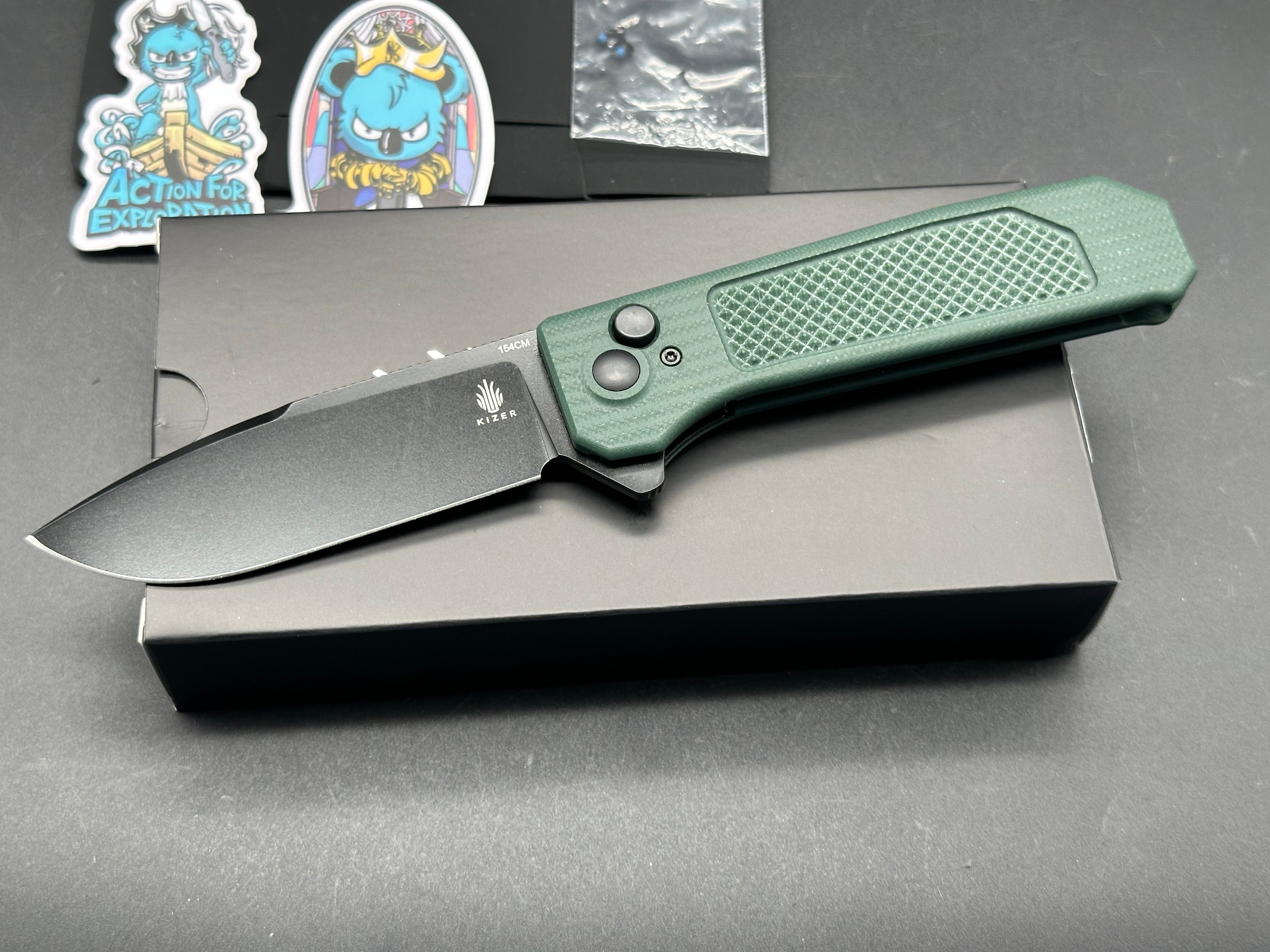 KIZER BRAT Button Lock Folding Knife - Green G10 Handle, 154CM Drop Point Plain Edge - EDC, Camping, Outdoor Survival & Everyday Carry Knife
