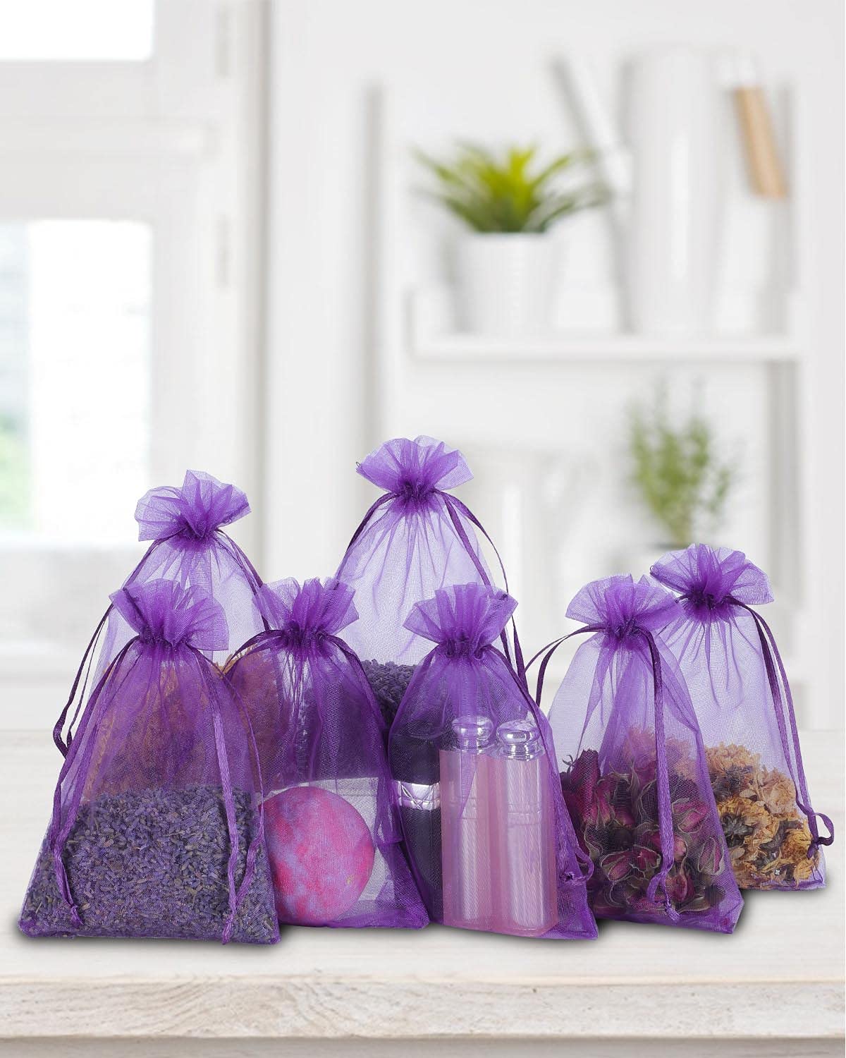 Kslong 100PCS 3x4 Inch Small Mesh Drawstring Bags - Sheer Organza Jewelry Gift Bags for Wedding Favors, Party Supplies, Candy Packaging, Bracelet & Small Business Accessories (Purple) - Perfect for Bridal Showers, Baby Showers & Retail Packaging