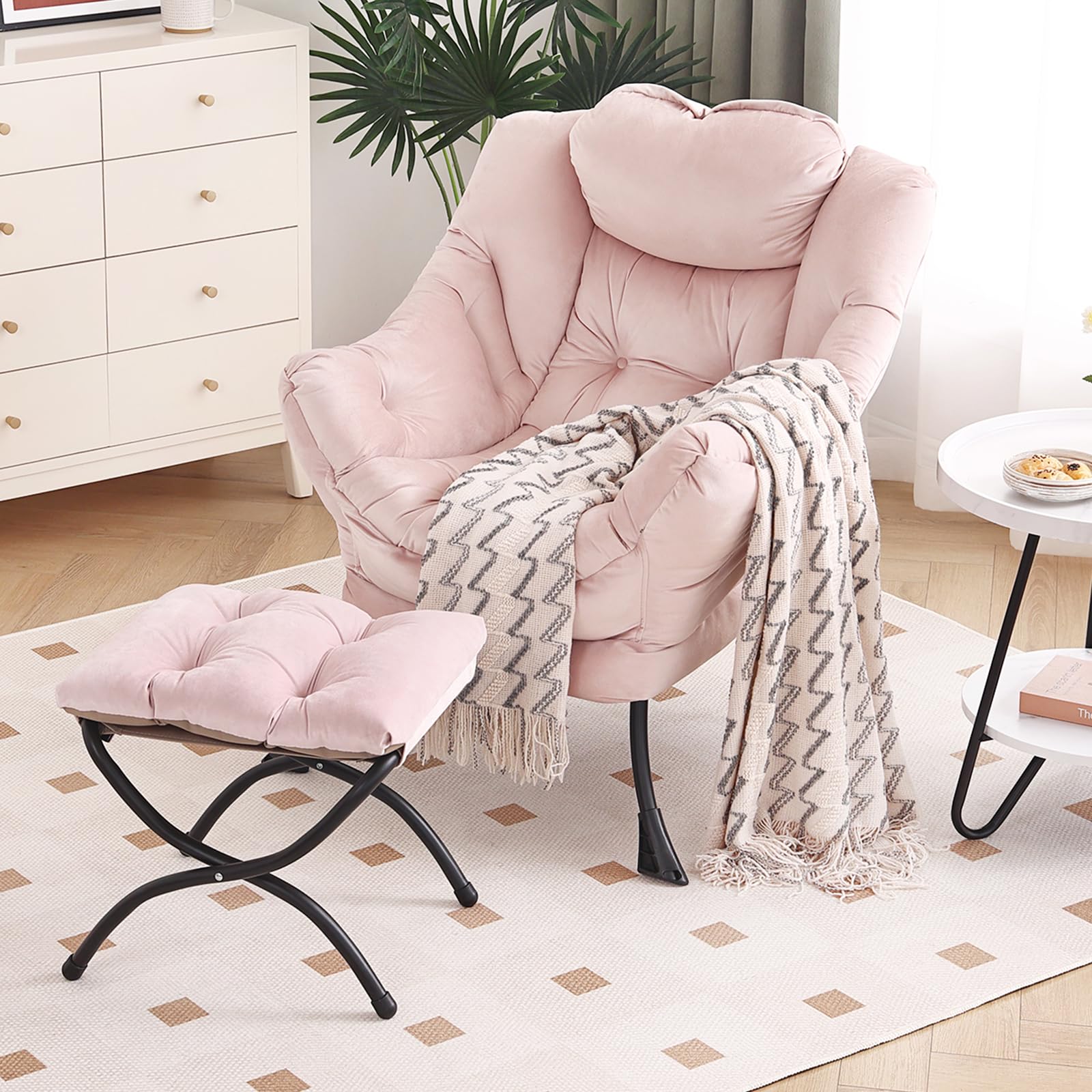 Modern Lazy Chair with Ottoman - Folding Footrest Lounge Accent Chair for Comfortable Reading | Oversized Armchair for Bedroom, Study, Living Room & Courtyard (Pink) | Perfect for Relaxing, Napping & Home Decor