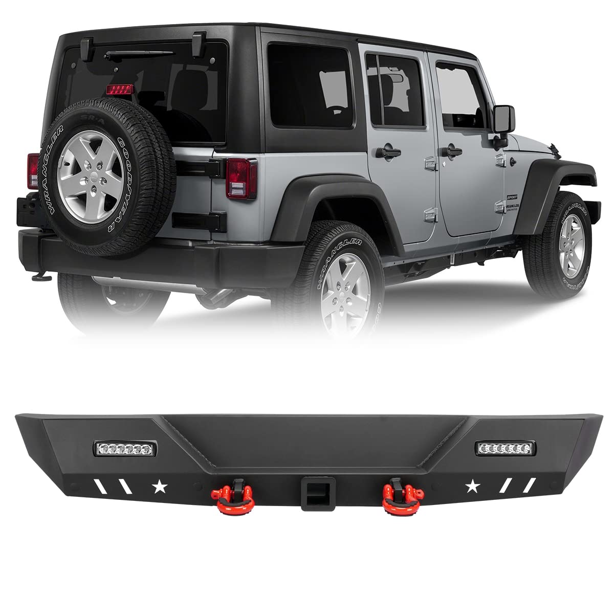 Wolfstorm Heavy Duty Rear Bumper for 2007-2017 Jeep Wrangler JK (2-Door & 4-Door Models) - Powder Coated Steel with 2 LED Lights, 2 Tow Hooks & 2 D-Ring Shackles | Off-Road Protection & Recovery Accessory