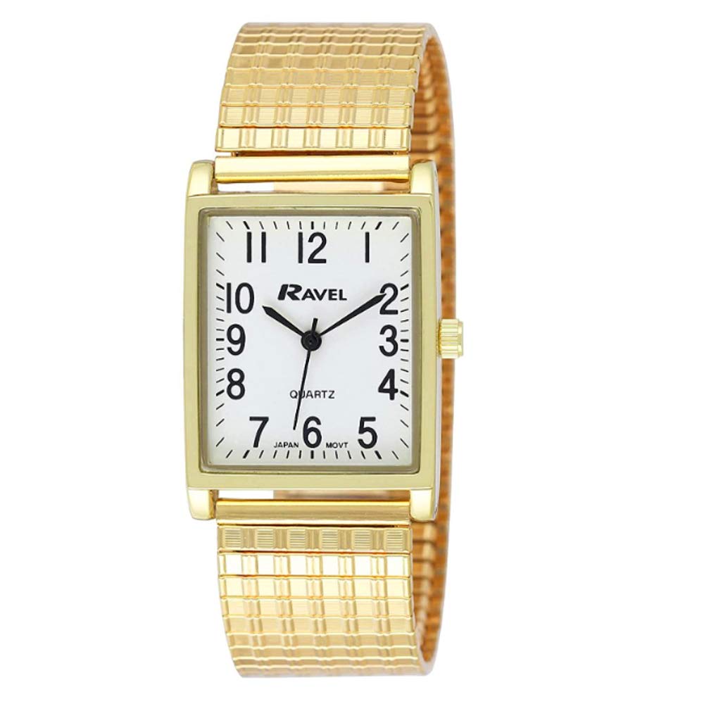 Ravel Men's White Rectangle Dial Gold-Tone Expander Bracelet Dress Watch R0220.01.1 - Elegant Formal & Business Attire Timepiece