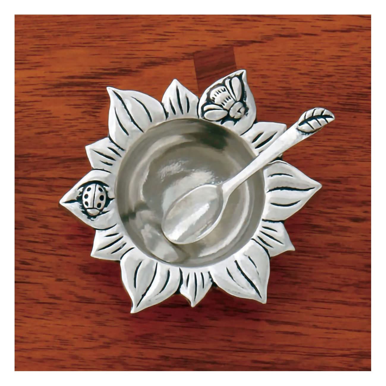 Pewter Sunflower Salt Bowl with Spoon - Bee & Ladybug Design - Spice & Snack Storage Container - Perfect for Kitchen, Dining Table & Nature Lover Gifts