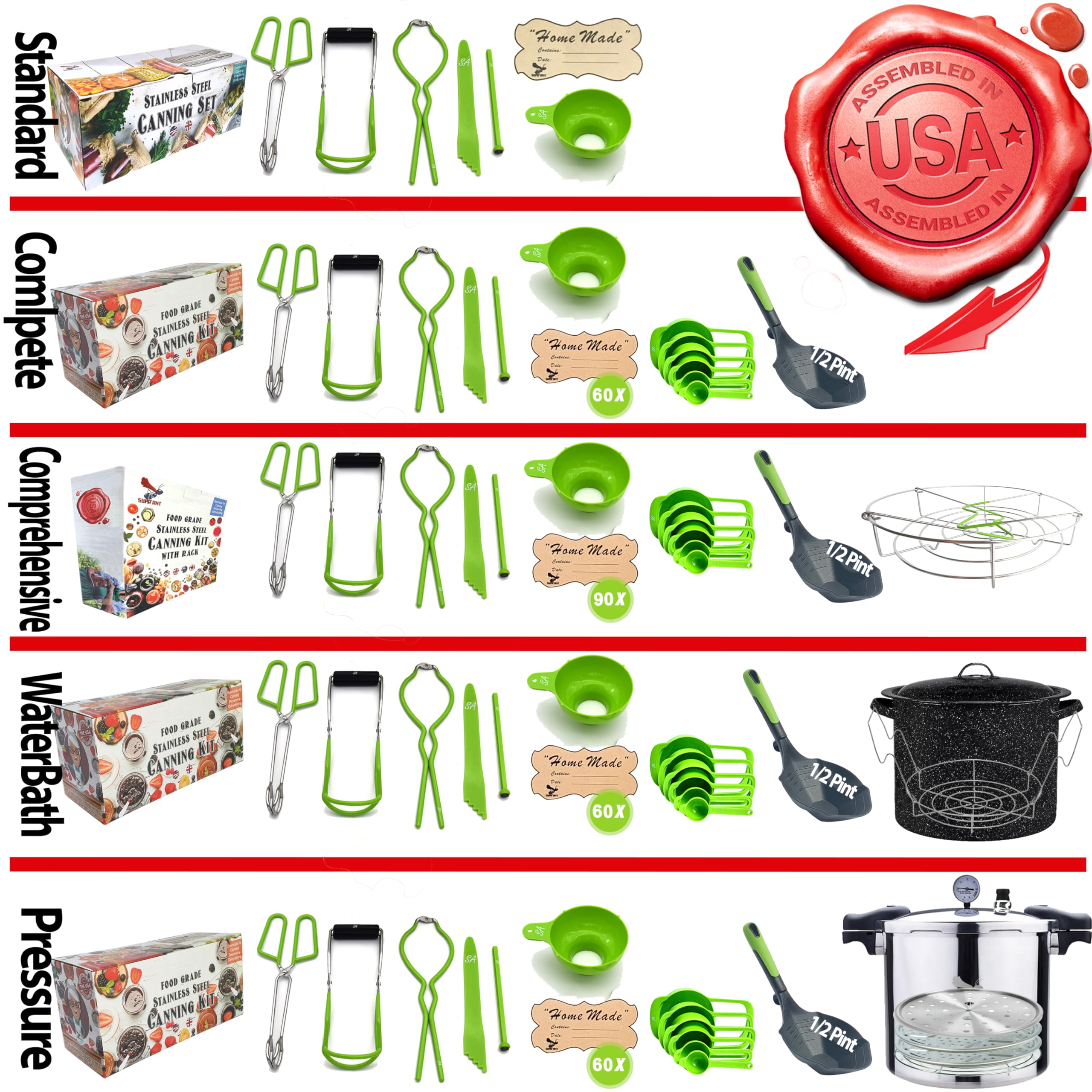 Stainless Steel Water Bath Canning Pot with Rack & Lid - Complete Canning Starter Kit for Beginners - Includes XL Ladle, Measuring Cups & Kitchen Funnel - Perfect for Home Canning Fruits, Vegetables & Jams