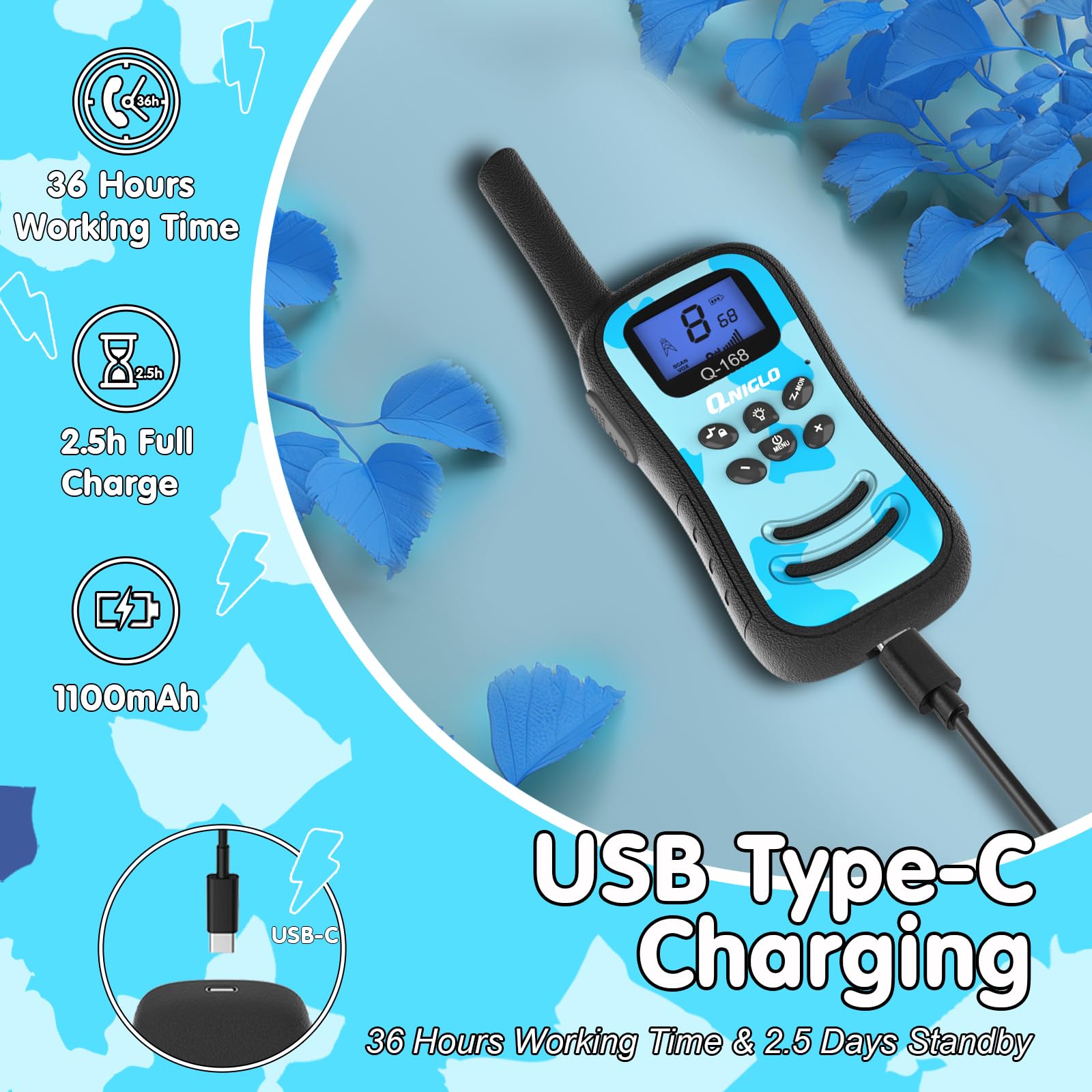 Qniglo Rechargeable Walkie Talkies for Kids - 22 Channel USB Charging Two Way Radios with Lanyard, Camouflage Design - 4 Pack Walkie Talkies for Camping, Hiking, Family Outdoor Games - Perfect Gift for Boys & Girls Ages 3-12 (Birthday, Christmas, Travel Adventures)