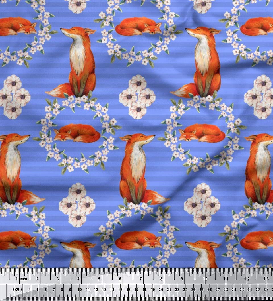 Soimoi Japanese Crepe Fabric - 42 Inch Wide Blue Floral Wreath & Fox Stripe Print - Whimsical Fox Accents - Perfect for DIY Dresses, Curtains, and Home Decor Projects