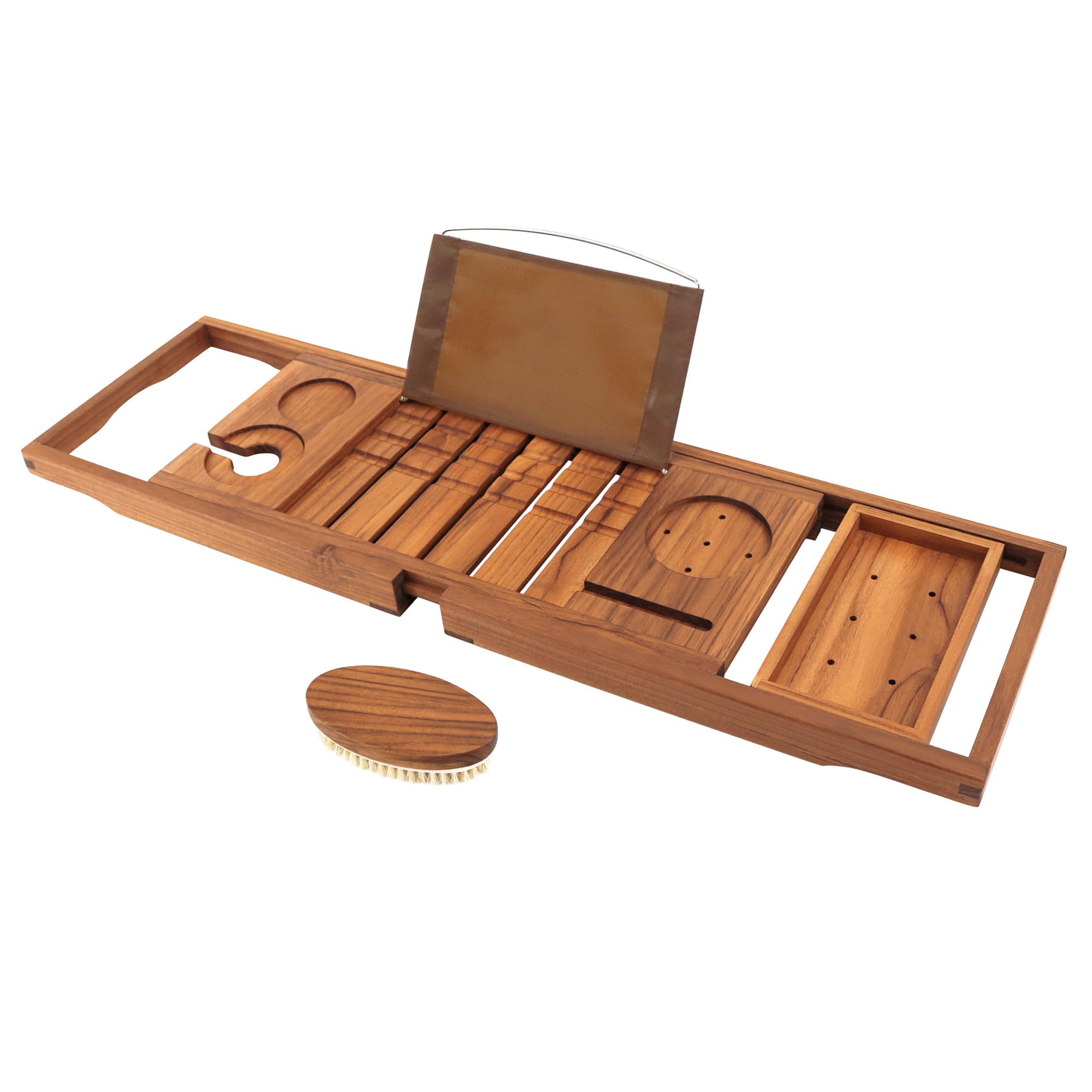 Premium Expandable Teak Bathtub Tray - Luxury Wooden Bath Caddy for Spa Relaxation | Perfect Housewarming, Anniversary & Wedding Gift with Free Teak Body Brush | Bathroom Accessories for Bubble Baths & Wine Nights
