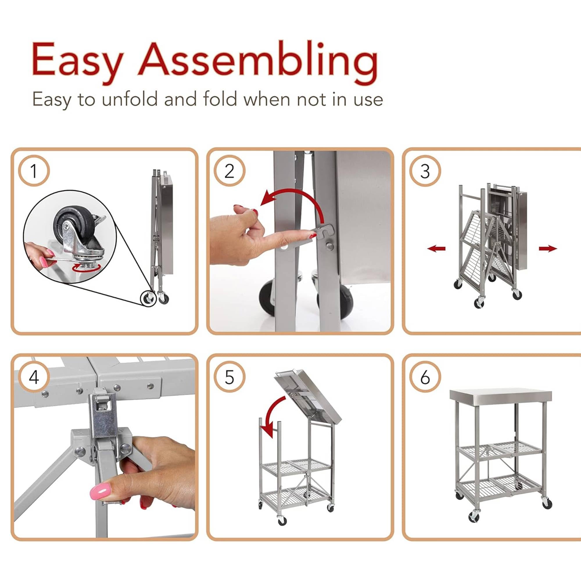 Foldable Kitchen Island Cart with Wheels - Origami RBT Silver Storage Table Organizer | Portable Mobile Kitchen Workstation for Small Spaces, Cooking Prep & Dining Serving