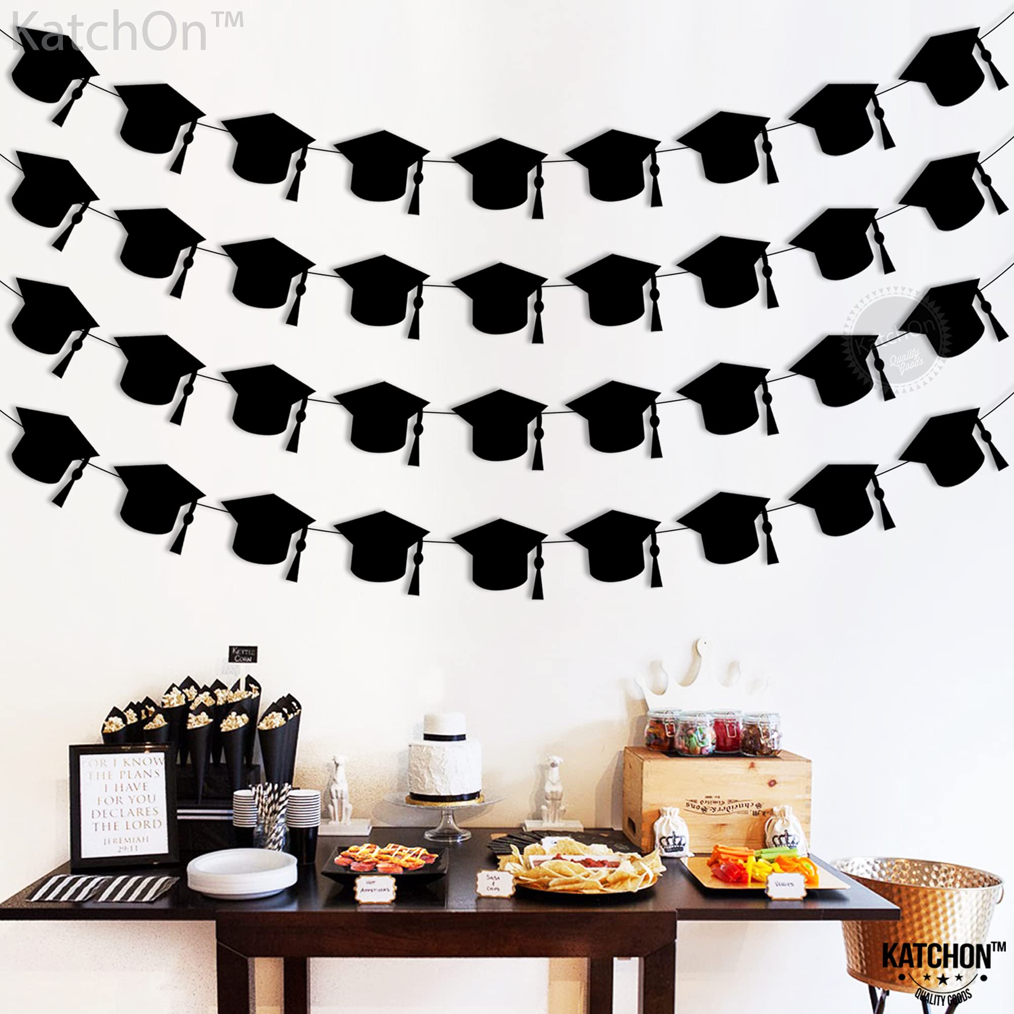 KatchOn Black Felt Graduation Cap Garland - 4 String | Class of 2025 Graduation Party Decorations, Graduation Ceremony & Photo Backdrop Decor | Perfect for High School, College Graduation Celebrations & Commencement Parties
