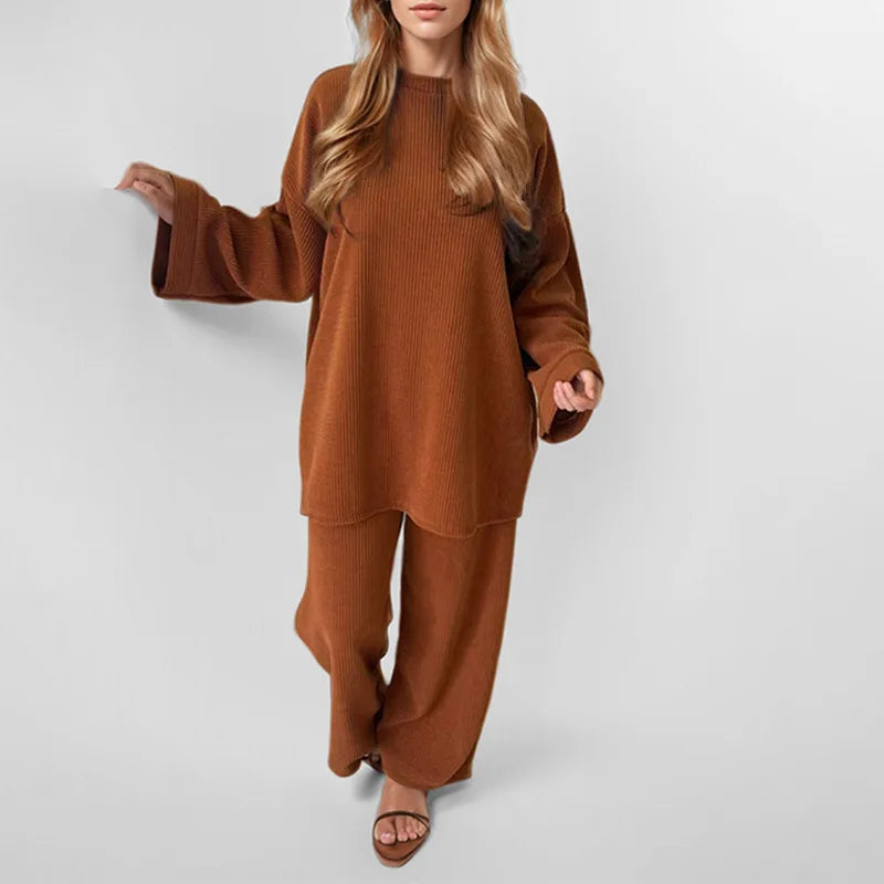 Women's Autumn Winter Corduroy Pants Set - Loose Fit Long Sleeve Wide Leg Two Piece Outfit for Casual Wear & Office Commuting