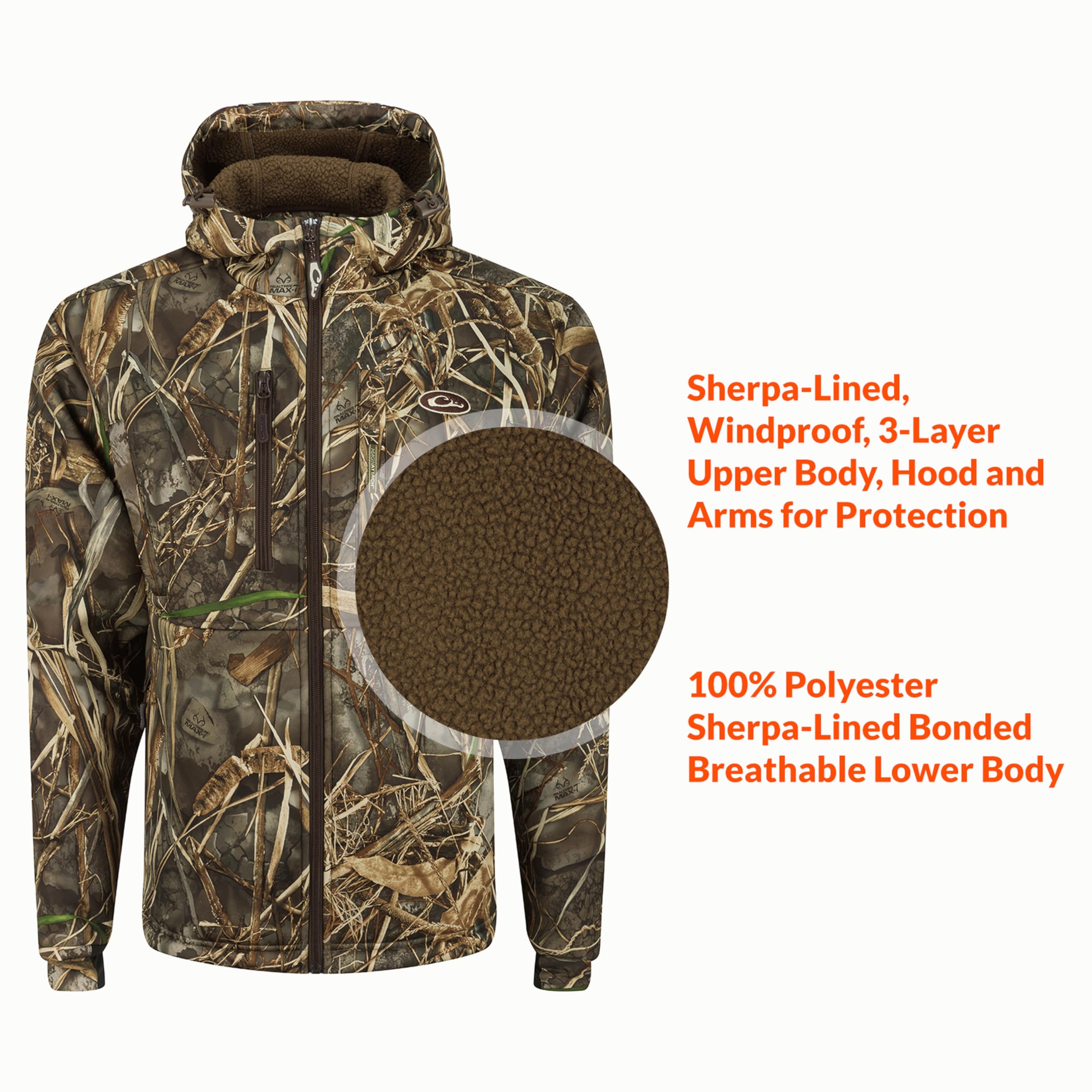 DRAKE Men's MST Hole Shot Hooded Windproof Hunting Jacket - 3-Layer Warm Sherpa-Lined, Breathable & Adjustable Full Zip for Outdoor Activities | Ideal for Hunting, Hiking & Winter Sports