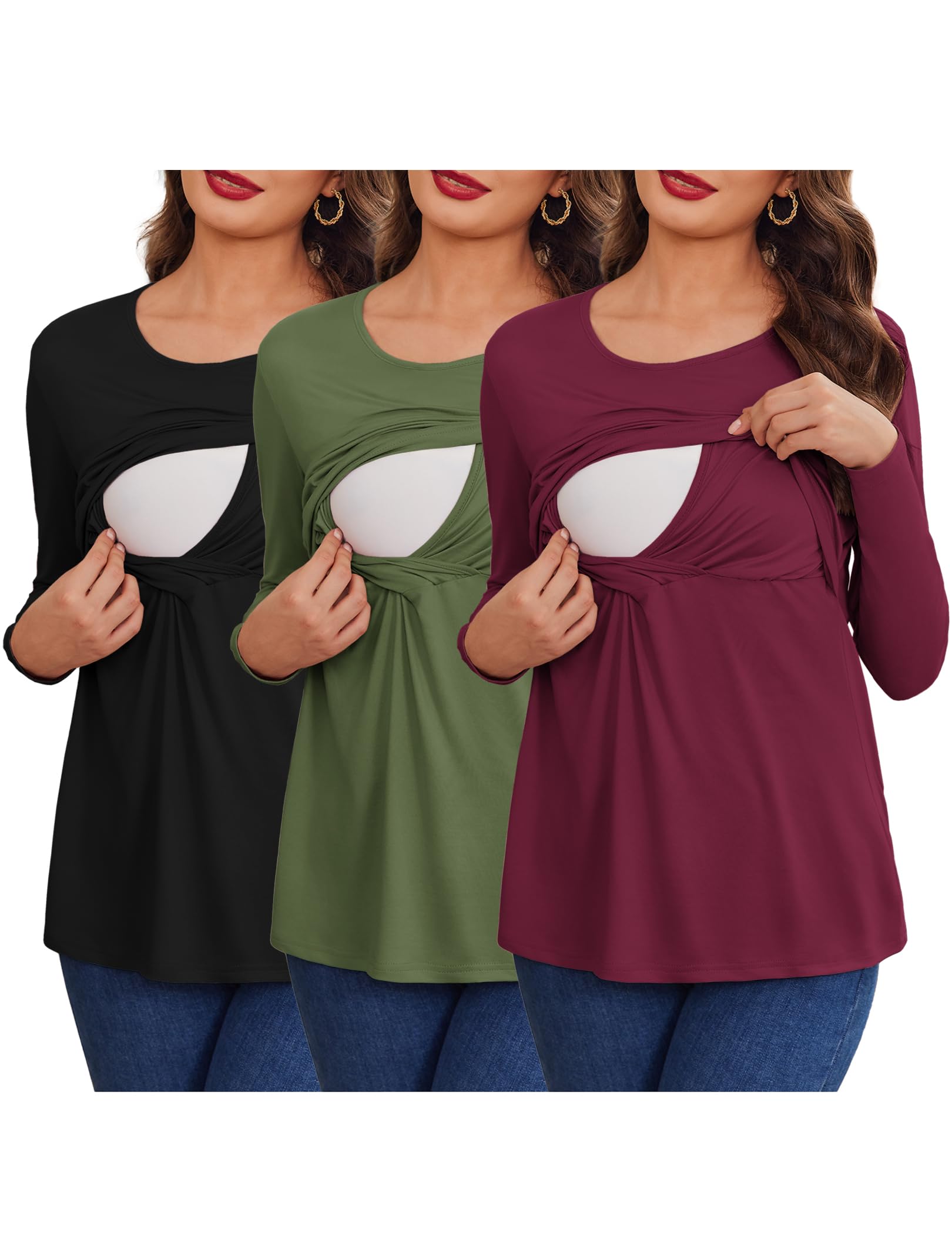 Ekouaer Women's 3-Pack Nursing Shirts - Soft Long Sleeve Maternity Tops with Double Layer for Breastfeeding, Comfortable Round Neck Pregnancy Blouses - Perfect for Nursing, Pumping & Everyday Wear