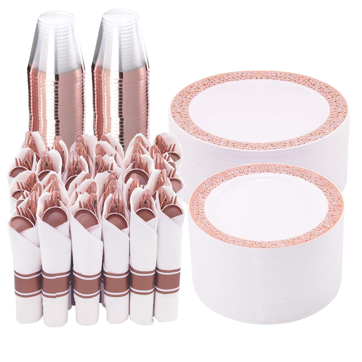 WELLIFE 350-Piece Rose Gold Plastic Dinnerware Set - Disposable Rose Gold Lace Plates, Cups, Napkins & Silverware for Parties, Weddings & Events (50 Dinner Plates, 50 Dessert Plates, 50 Napkins, 50 Cups) - Elegant Table Setting for Bridal Showers, Baby Showers & Special Occasions