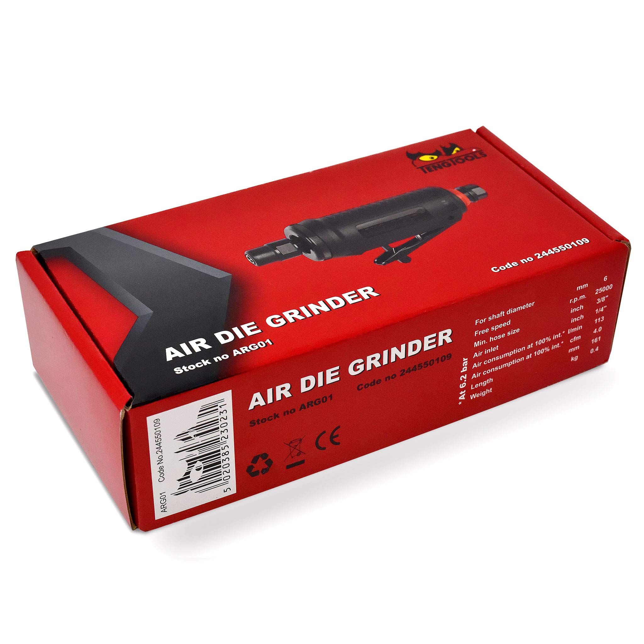 Teng Tools ARG01 25,000 RPM Mini Straight Pneumatic Air Die Grinder with Silencer - Composite Body for Metalworking, Wood Carving & DIY Projects
