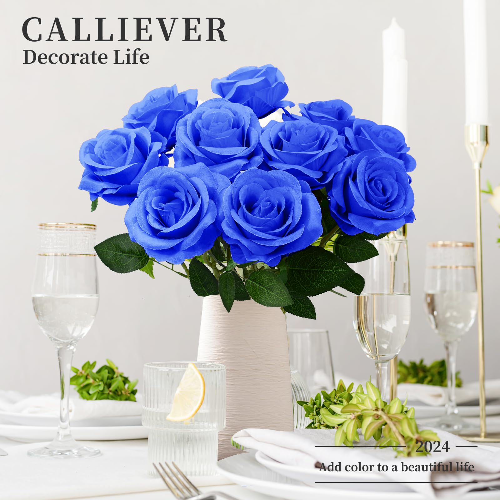 10pcs Blue Artificial Silk Roses - 50cm Realistic Fake Rose Flowers for Wedding Bouquets, Bridal Decor, Home Centerpieces, and DIY Floral Arrangements (Blue)