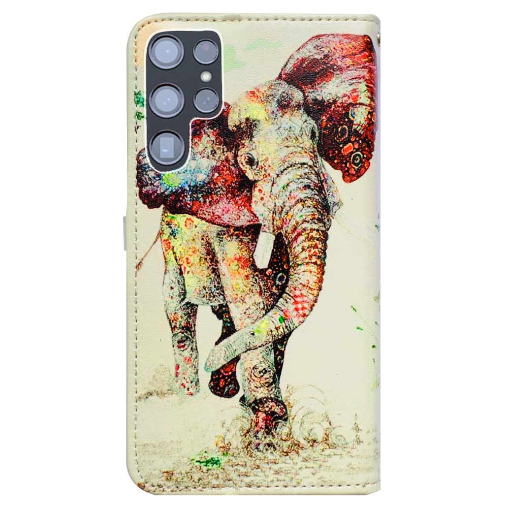 Premium Elephant Pattern Leather Flip Wallet Case for Samsung Galaxy S22 Ultra 5G - Card Slot Holder & Kickstand Included | Stylish Protective Cover for Work, Travel & Everyday Use