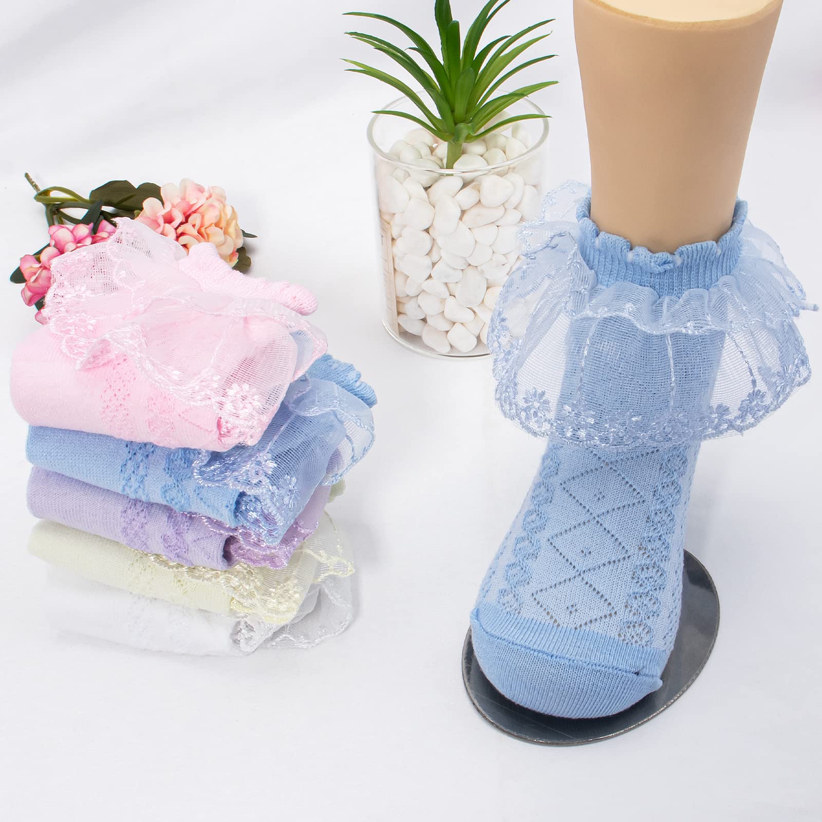 Looching 5 Pairs Toddler Baby Girls Ruffle Lace Socks - Breathable Eyelet Mesh Cotton Frilly Ankle Socks for 2-13T - Soft Dress Socks for Princess Outfits, Party & Special Occasions