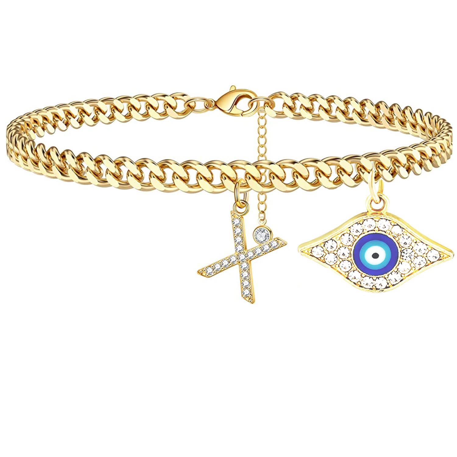 18K Gold Plated Initial Ankle Bracelet for Women - Dainty Cuban Link CZ Letter Evil Eye Anklet, Summer Jewelry Gift for Women & Teen Girls | Perfect for Beach, Vacation & Everyday Wear