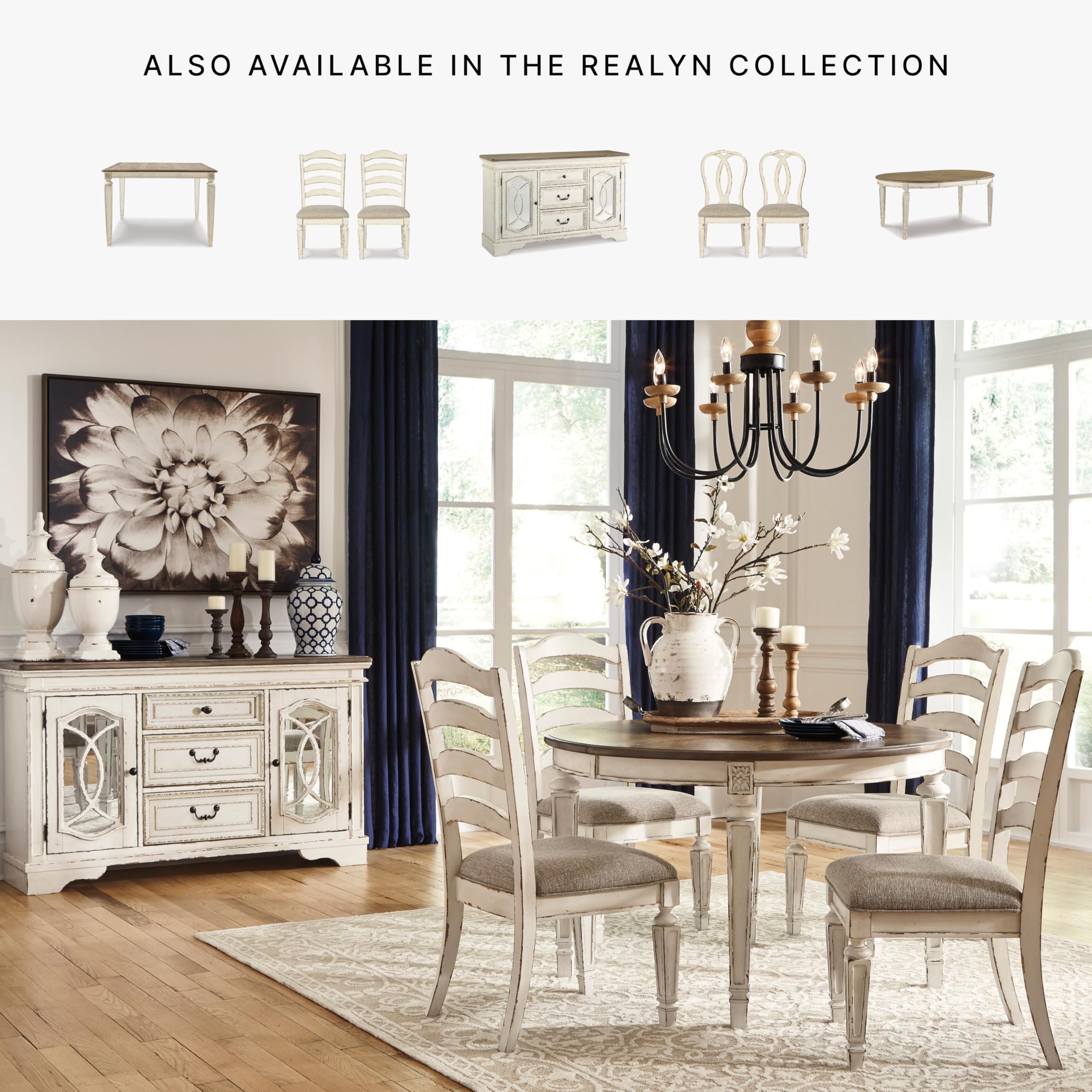 Signature Design by Ashley Realyn Upholstered Dining Chairs, Set of 2 - Antique White | Comfortable & Stylish Seating for Formal Dining Rooms, Kitchens, and Entertaining Spaces