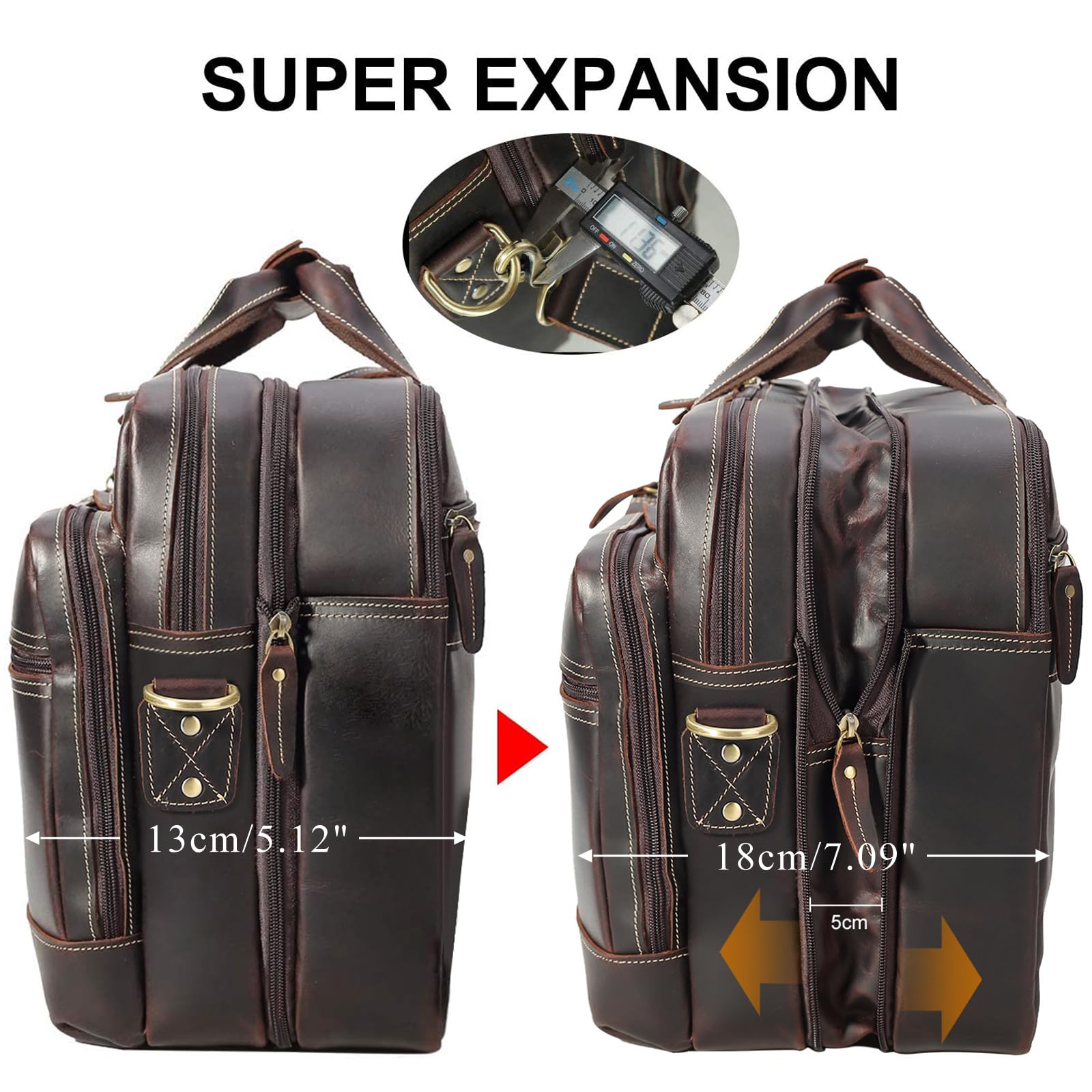 Premium Genuine Leather Briefcase for Men - Expandable 17 Inch Laptop Bag with Shoulder Strap - Business Travel Attache Case & Work Commuter Bag - Ideal for Office Professionals and Business Trips