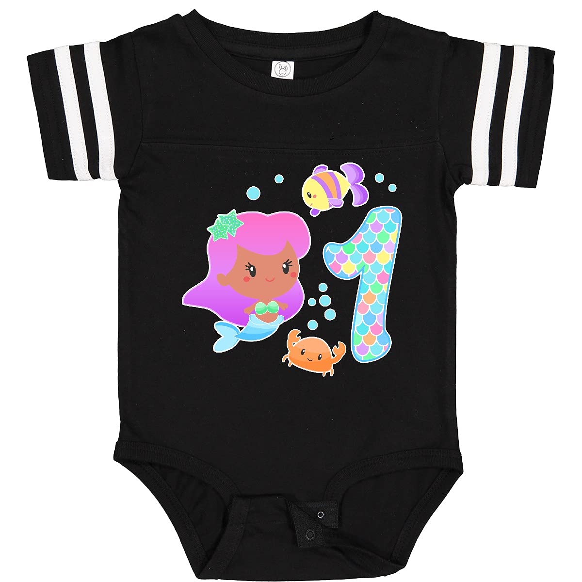 Inktastic First Birthday Mermaid with Fish and Crab Baby Bodysuit - Cute 1st Birthday Outfit for Girls, Soft Cotton Onesie - Perfect for Birthday Parties, Photo Shoots & Special Occasions