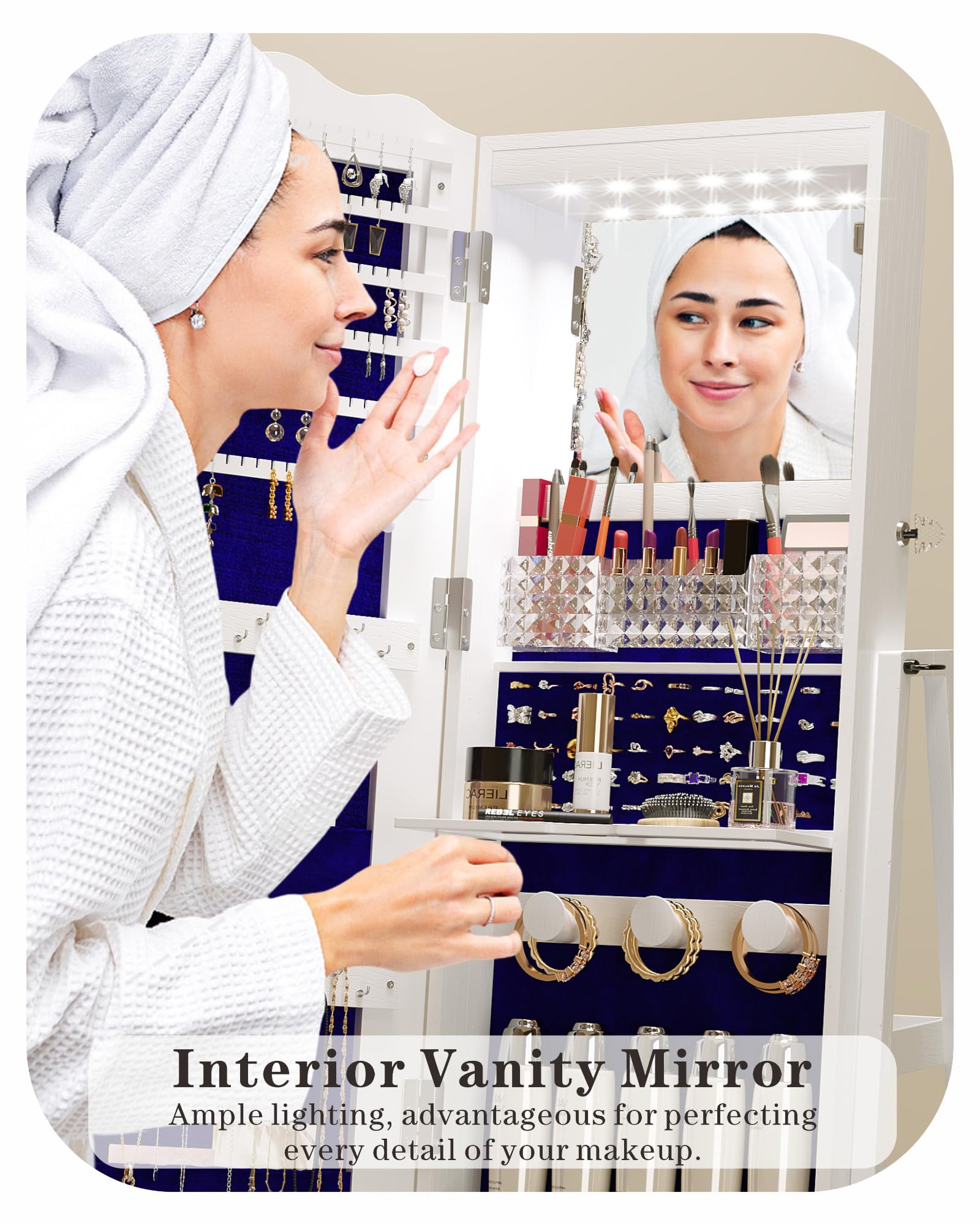 Full-Length Standing Mirror Jewelry Cabinet with LED Lights, Ample Storage & Rotating Shelf - White | Perfect for Bedroom, Dressing Room & Closet Organization