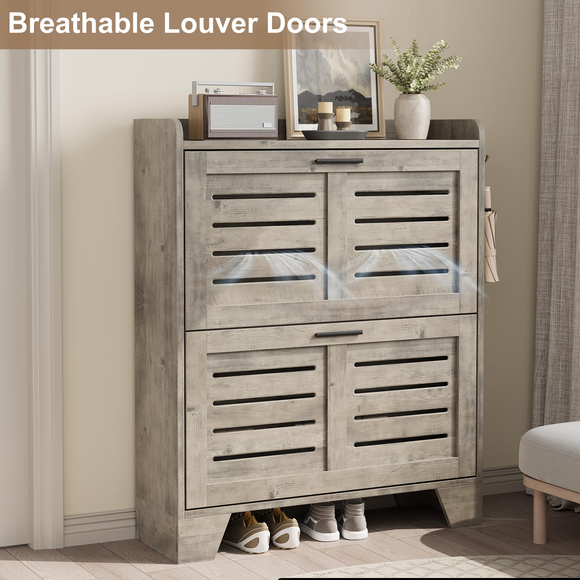 Freestanding Narrow Shoe Cabinet with 2 Flip Drawers & Hooks - Space Saving Entryway Shoe Storage Organizer for Foyer, Hallway, Garage - Perfect for Small Spaces & Apartment Living (Gray)