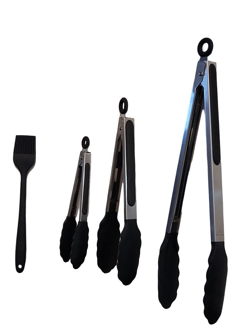Premium Silicone Kitchen Tongs - 12 Inch Heat Resistant Cooking Tongs (Set of 4, Black) - Perfect for Grilling, BBQ, Salad Serving & Non-Scratch Cookware Handling