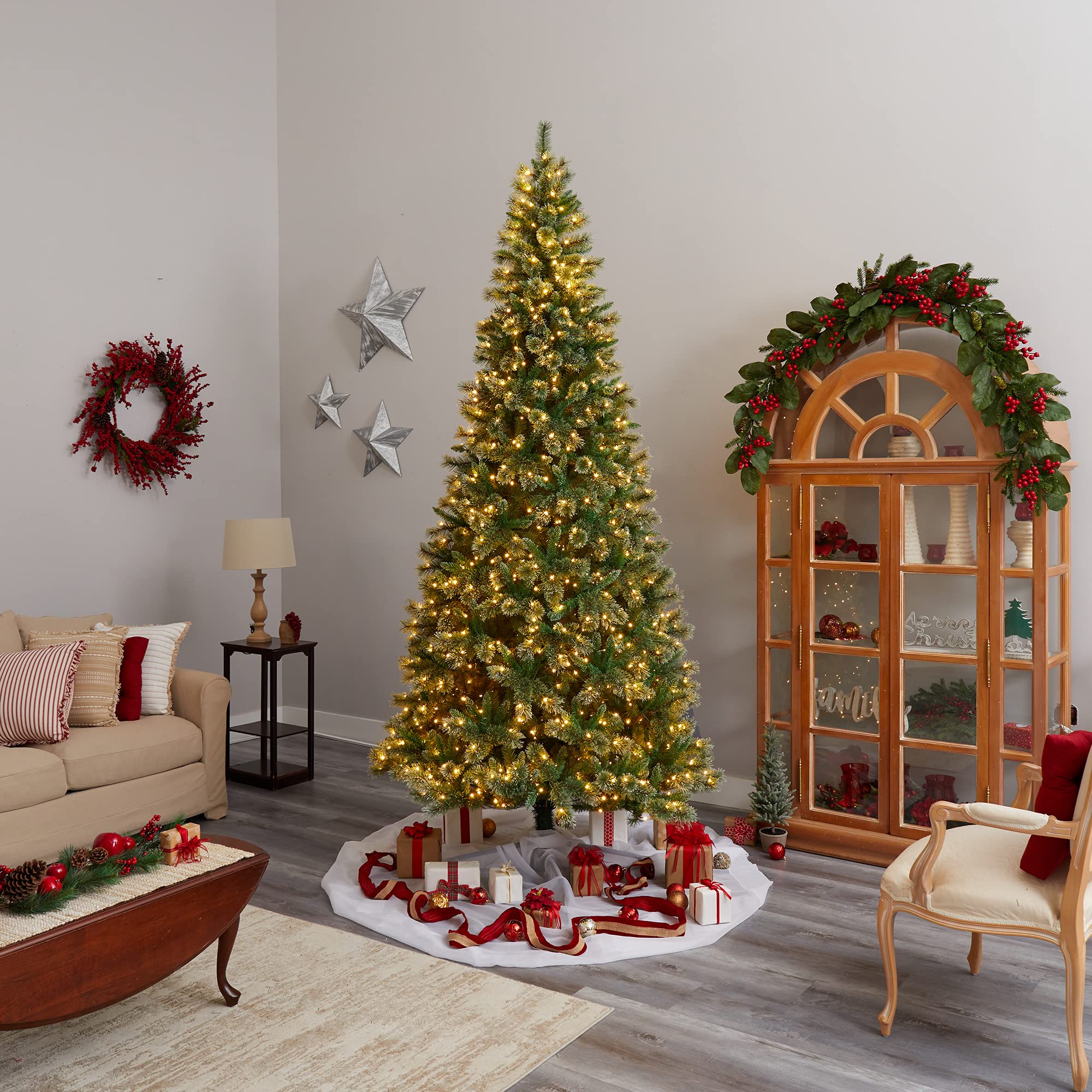 Nearly Natural 10ft Wisconsin Slim Snow Tip Pine Artificial Christmas Tree with 1050 Clear LED Lights - Perfect for Living Room, Office & Holiday Decorations