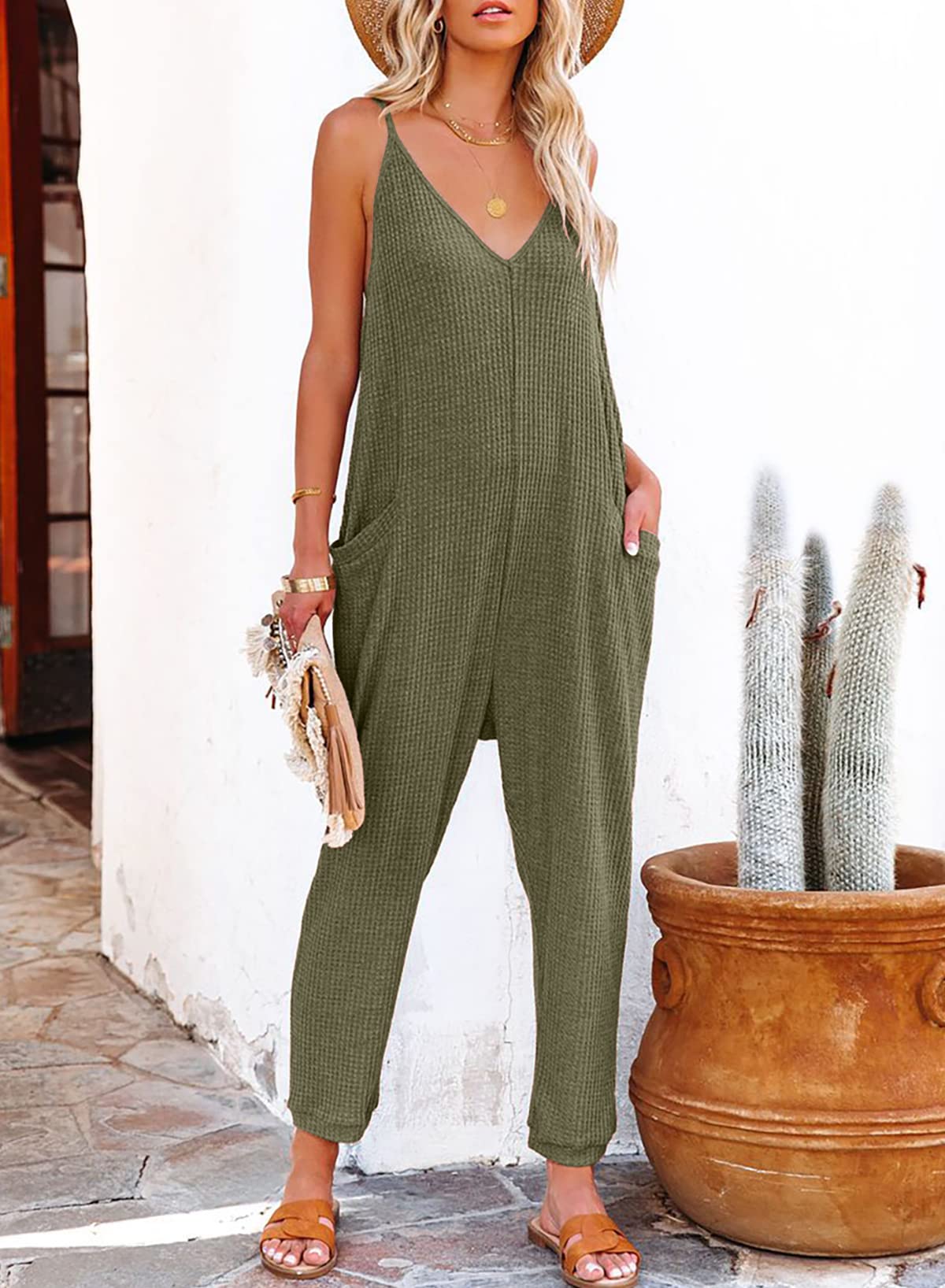 AlvaQ Women's Sleeveless Jumpsuit - Casual Loose Fit Spaghetti Strap Overalls with Pockets | Spring Summer Romper for Outdoor Activities, Travel & Daily Wear | 2024 Fashion Trend